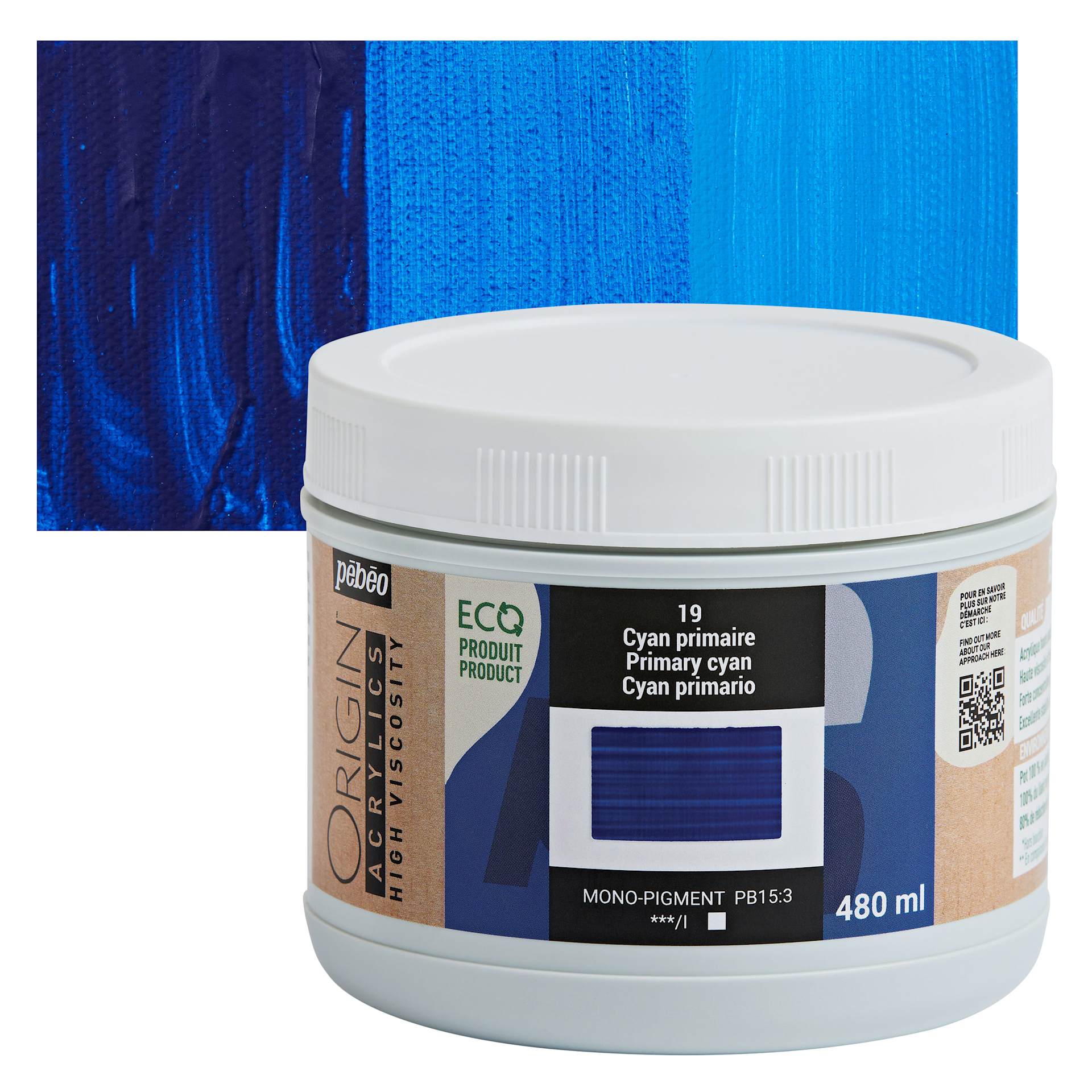 Pebeo Origin Acrylic Paint - Primary Cyan, 480 ml tube and swatch