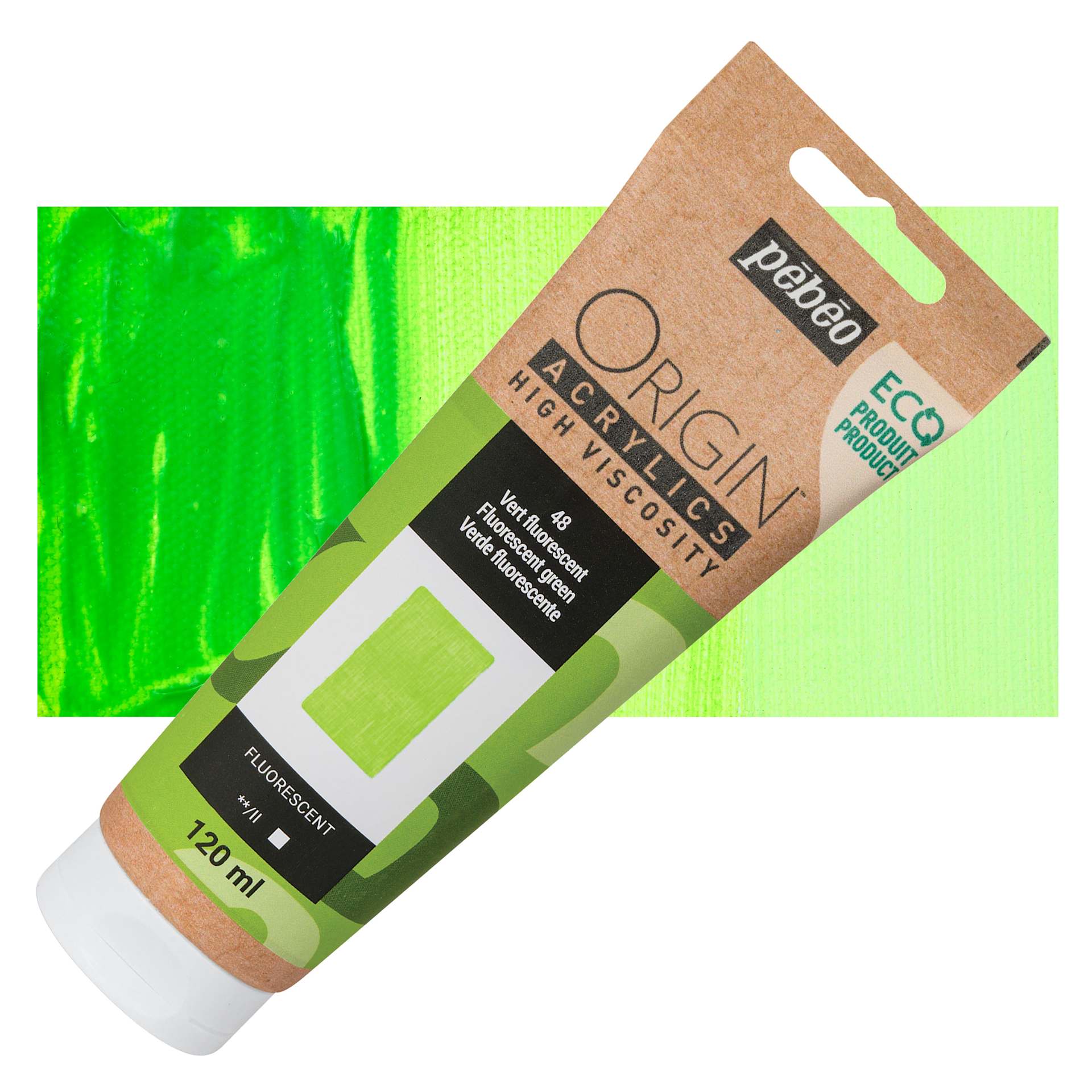 Pebeo Origin Acrylic Paint - Fluorescent Green, 120 ml tube and swatch