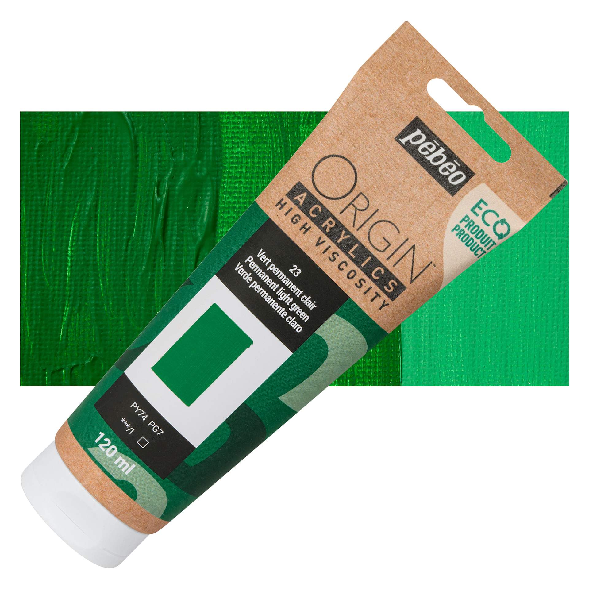 Pebeo Origin Acrylic Paint - Permanent Green Light, 120 ml tube and swatch