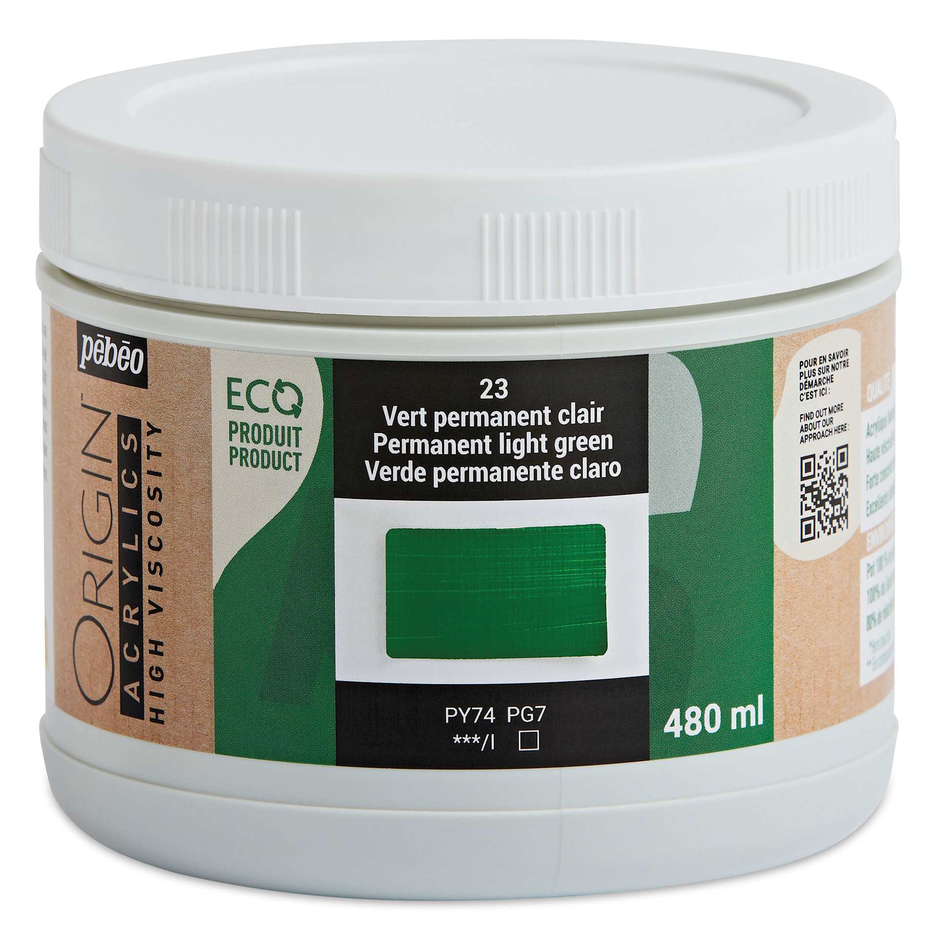 Pebeo Origin Acrylic Paint - Permanent Green Light, 480 ml