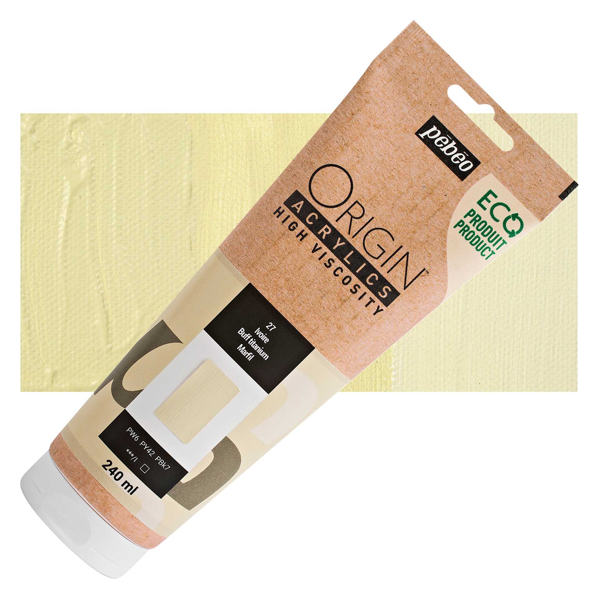 Pebeo Origin Acrylic Paint - Buff Titanium, 240 ml tube and swatch