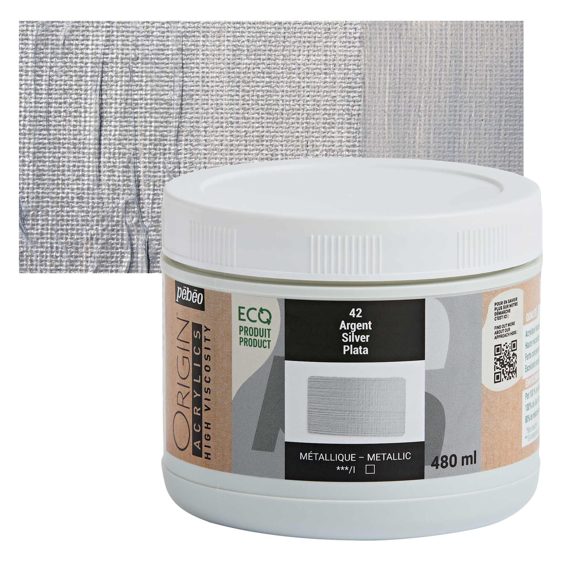 Pebeo Origin Acrylic Paint - Silver, 480 ml jar and swatch