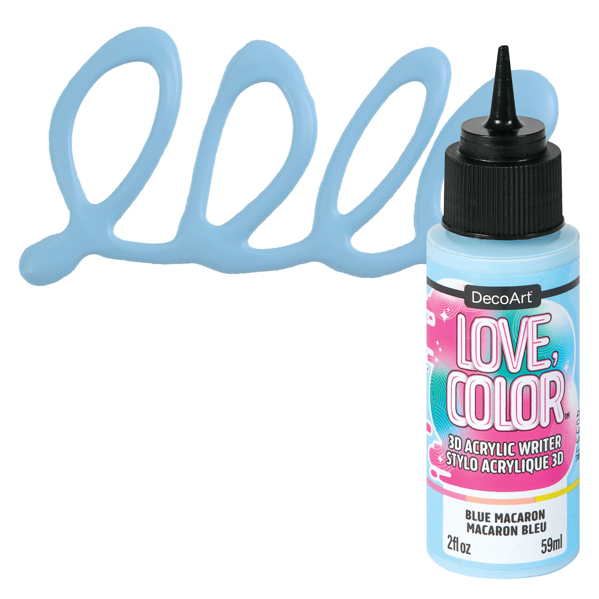 DecoArt Love, Color 3D Acrylic Writer - Blue Macaron, 2 oz bottle and swatch