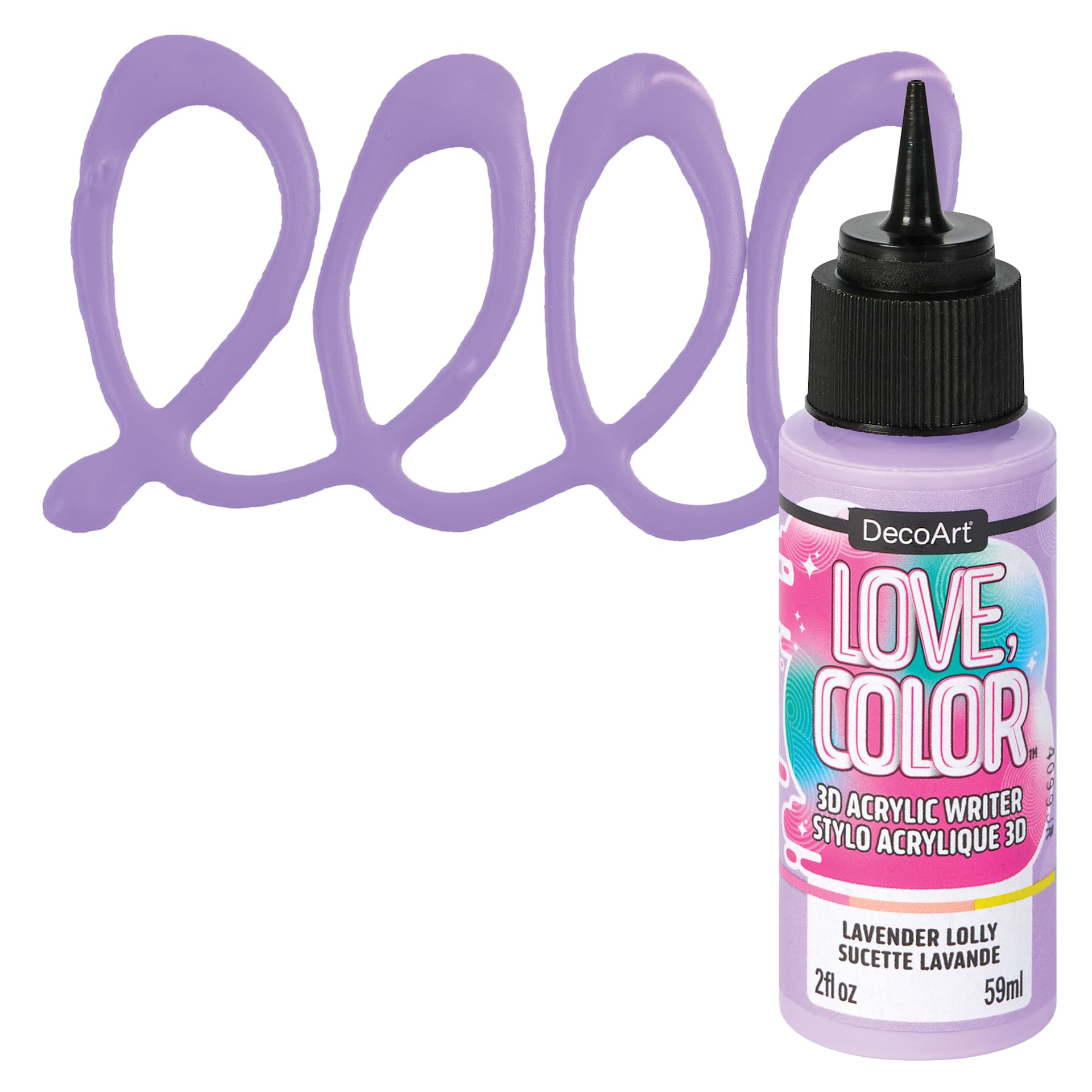 DecoArt Love, Color 3D Acrylic Writer - Lavender Lolly, 2 oz bottle and swatch