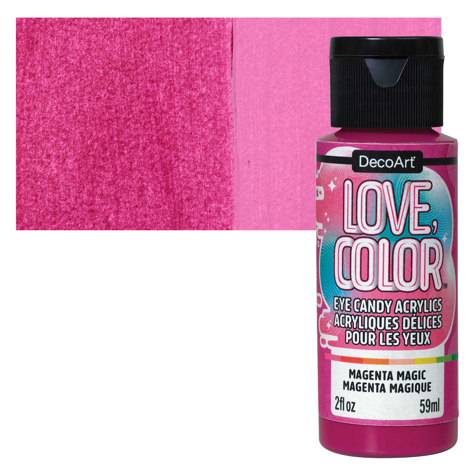 DecoArt Love, Color Acrylic Paint - Magenta Magic, 59 ml bottle and swatch