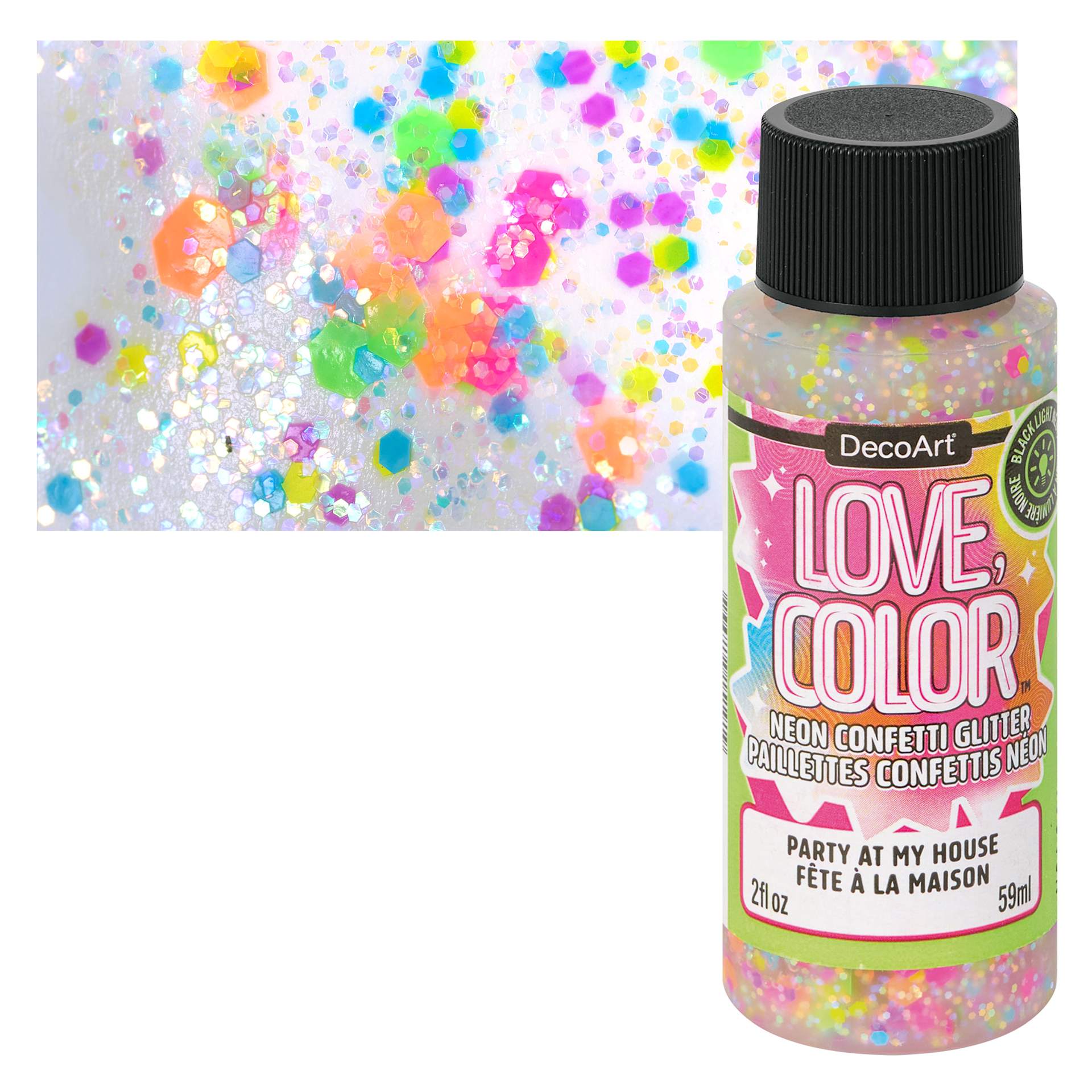 DecoArt Love, Color Neon Confetti Glitter Acrylic Paint - Party at My House, 2 oz bottle and swatch