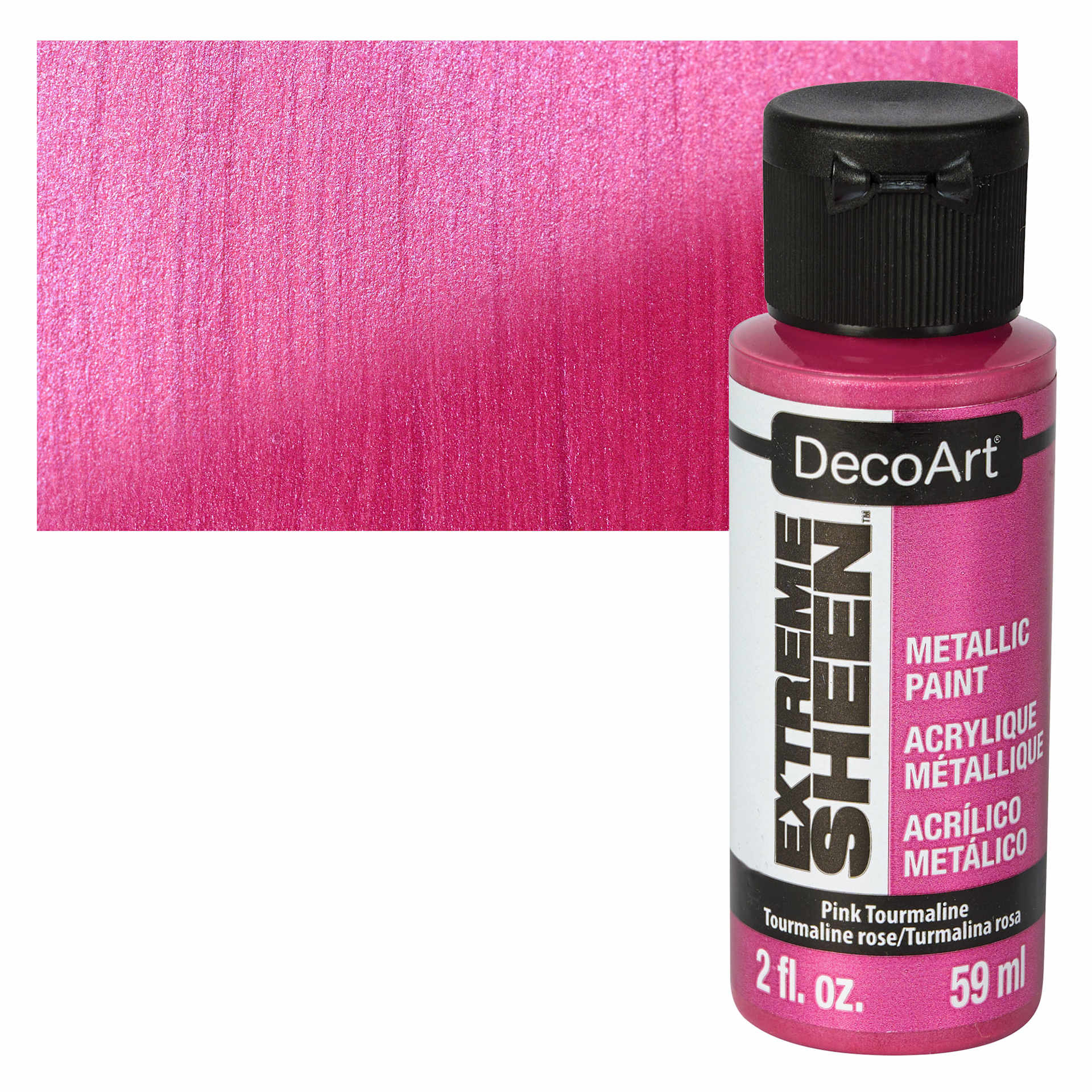 DecoArt Extreme Sheen Metallic Acrylic Paint - Pink Tourmaline, 2 oz bottle and swatch