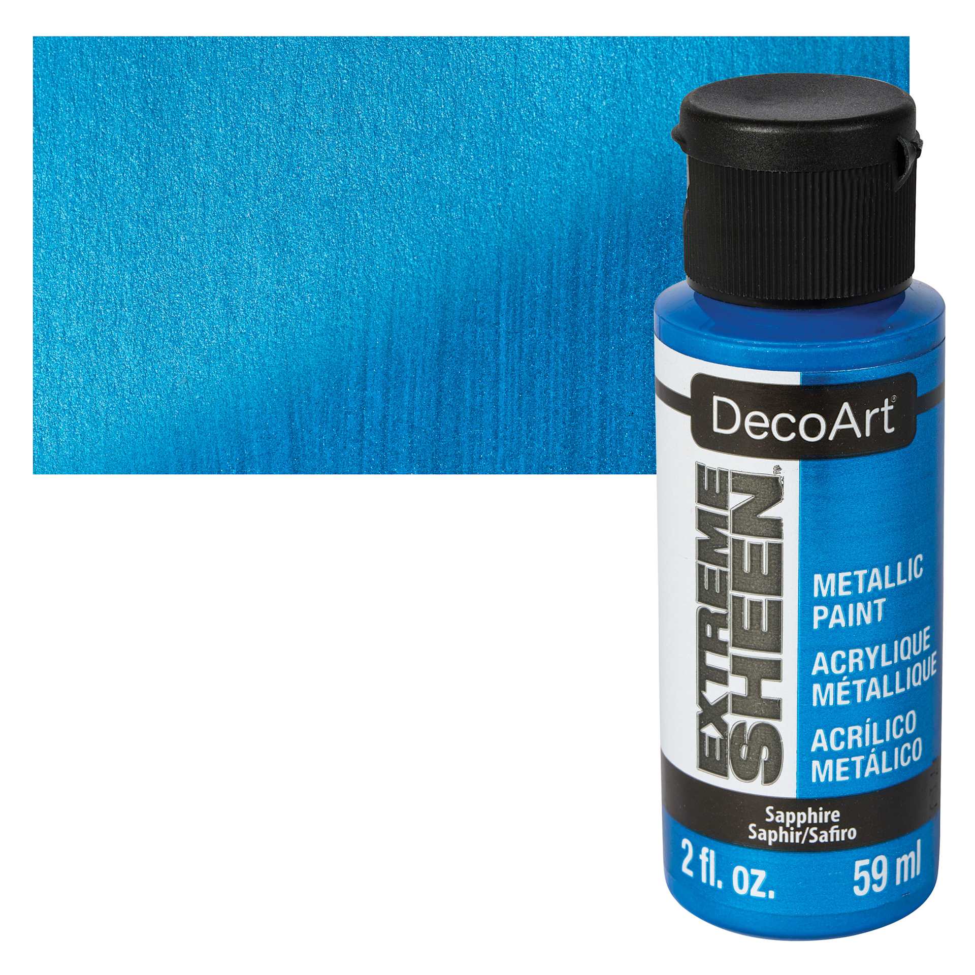 DecoArt Extreme Sheen Metallic Acrylic Paint - Sapphire, 2 oz bottle and swatch