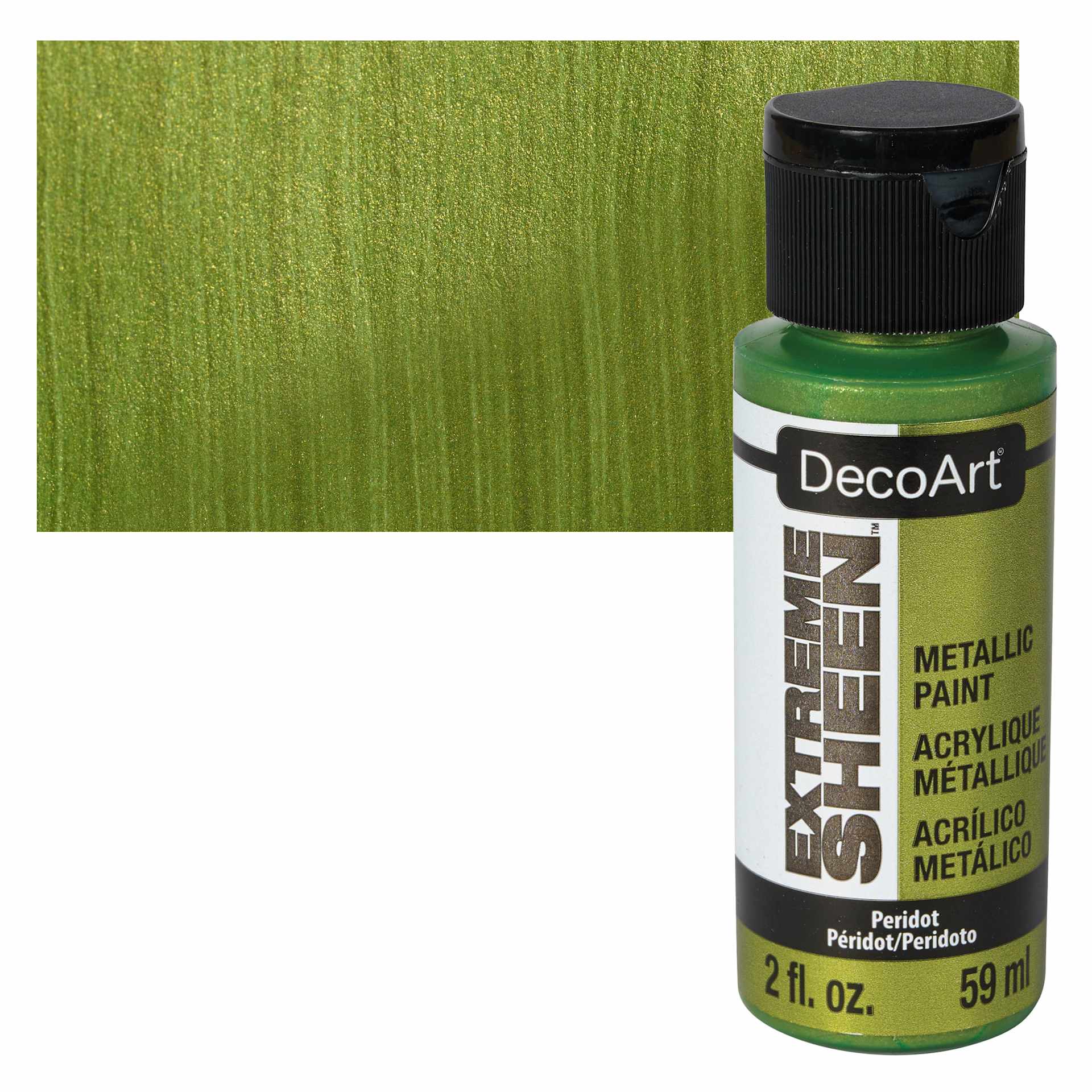 DecoArt Extreme Sheen Metallic Acrylic Paint - Peridot, 2 oz bottle and swatch