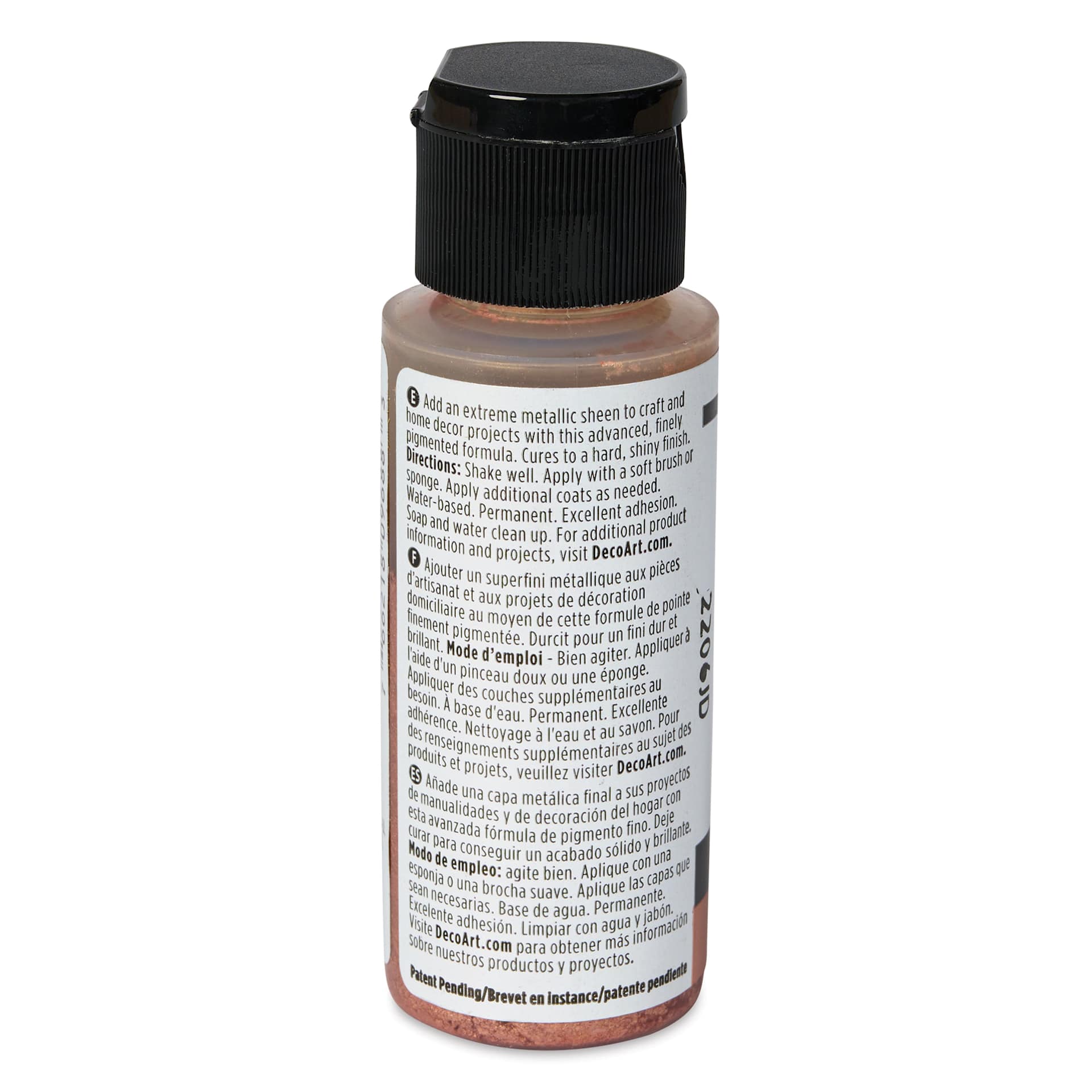 DecoArt Extreme Sheen Metallic Acrylic Paint - Rose Gold, 2 oz, back of bottle