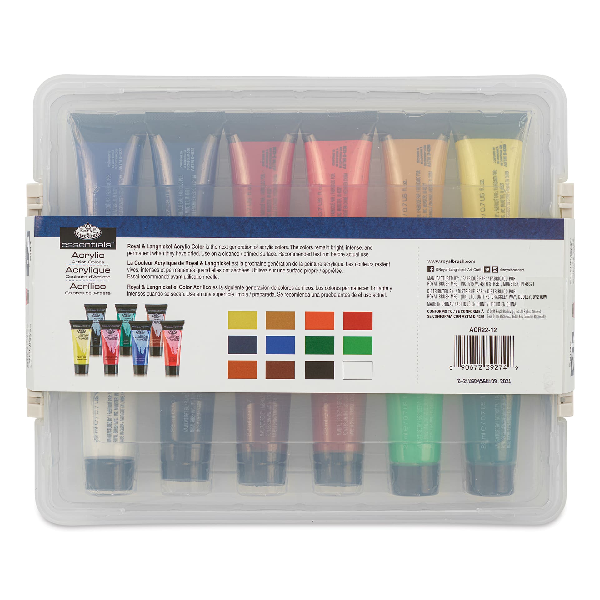 Royal & Langnickel Essentials Acrylic Paint - Assorted Colors, Set of 12, 22 ml back of package