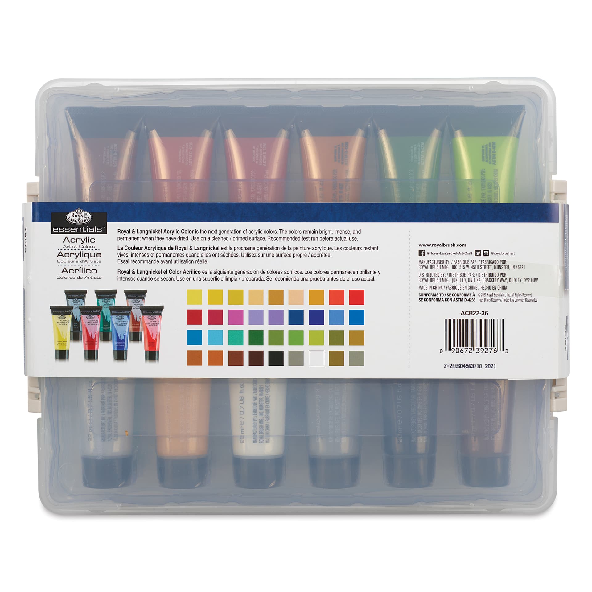 Royal & Langnickel Essentials Acrylic Paint - Assorted Colors, Set of 36, 22 ml back of package