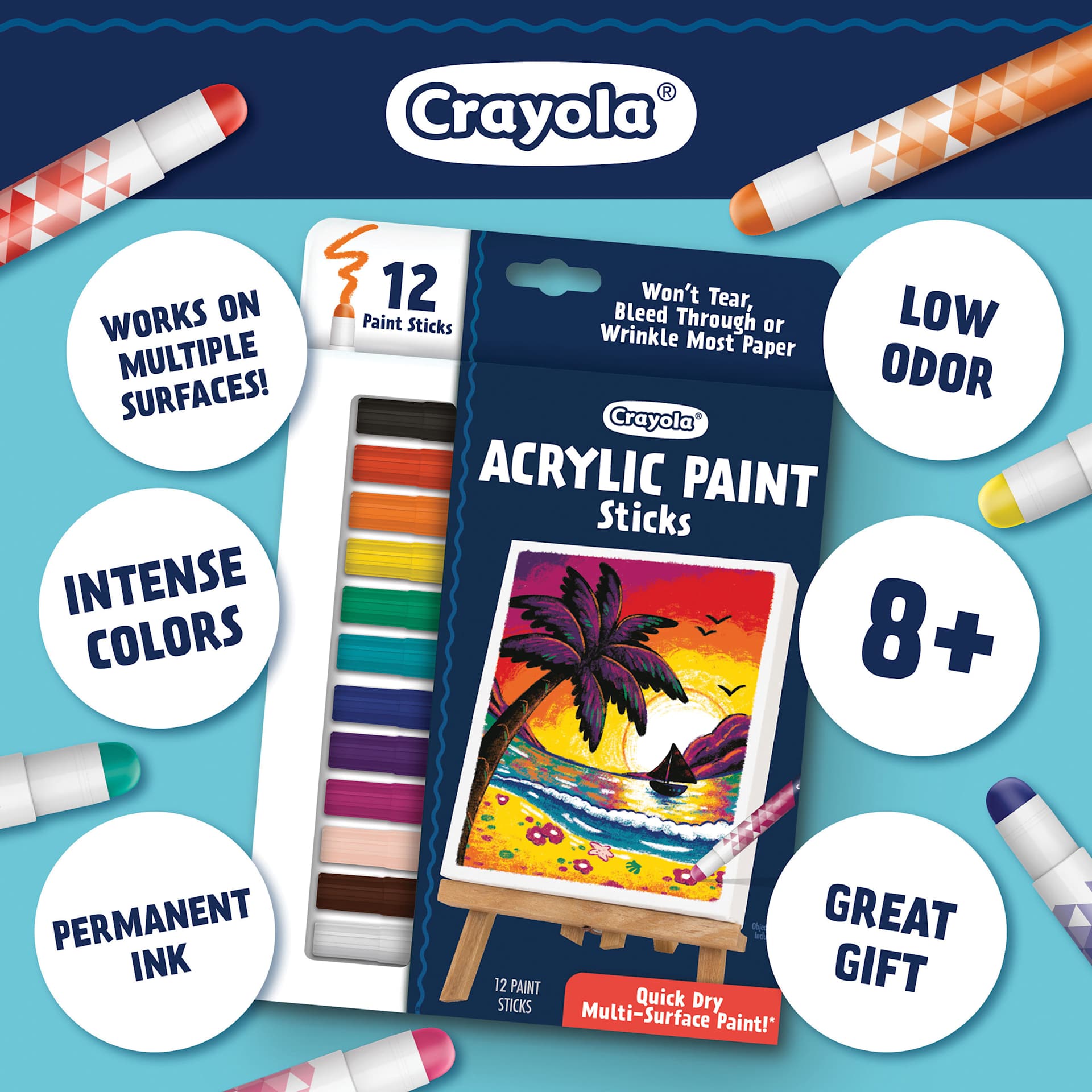 Crayola Acrylic Paint Sticks are low odor, permanent paint sticks in intense colors.