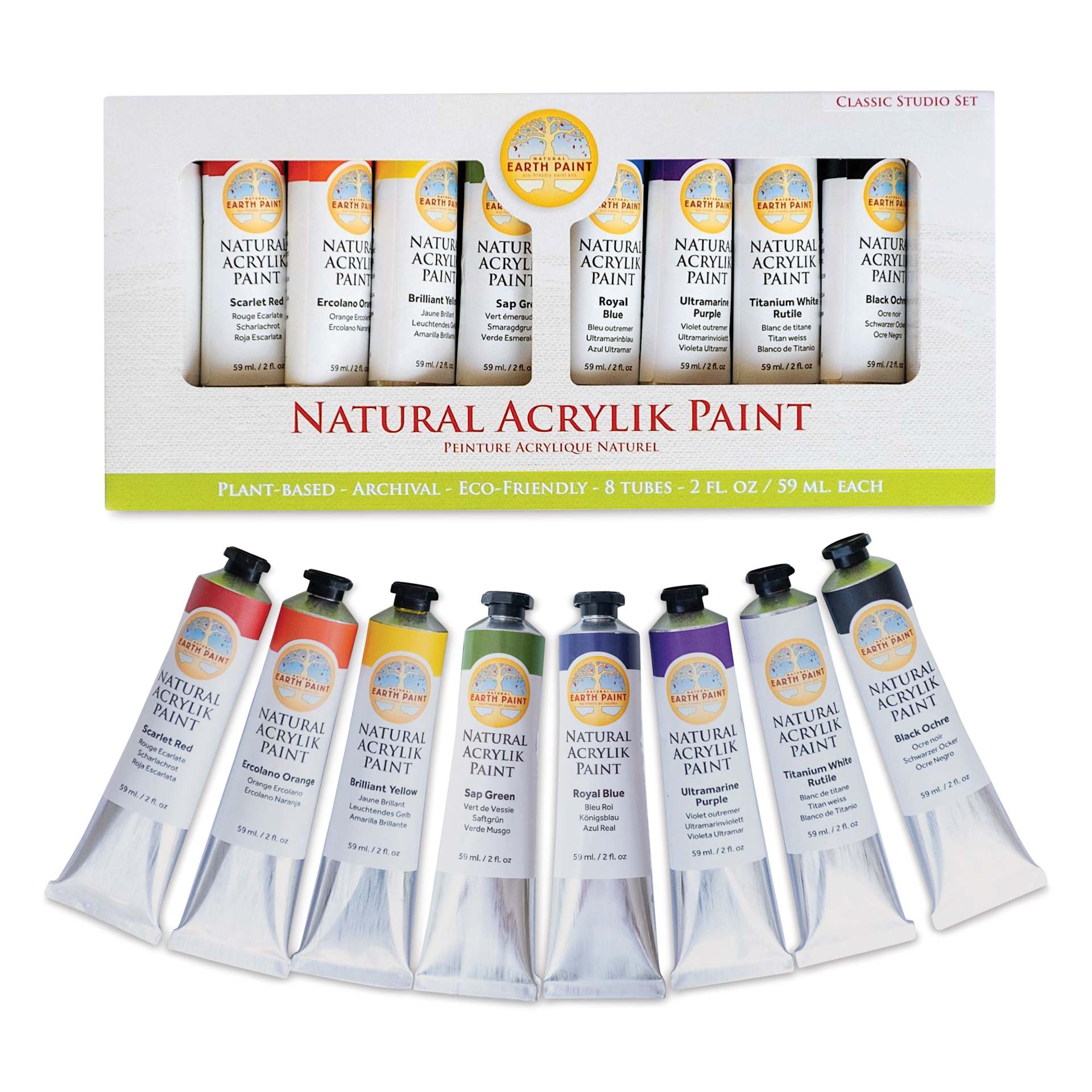Natural Earth Paint Natural Acrylik Paints - Set of 8, Classic Colors, 59 ml tubes in and out of packaging
