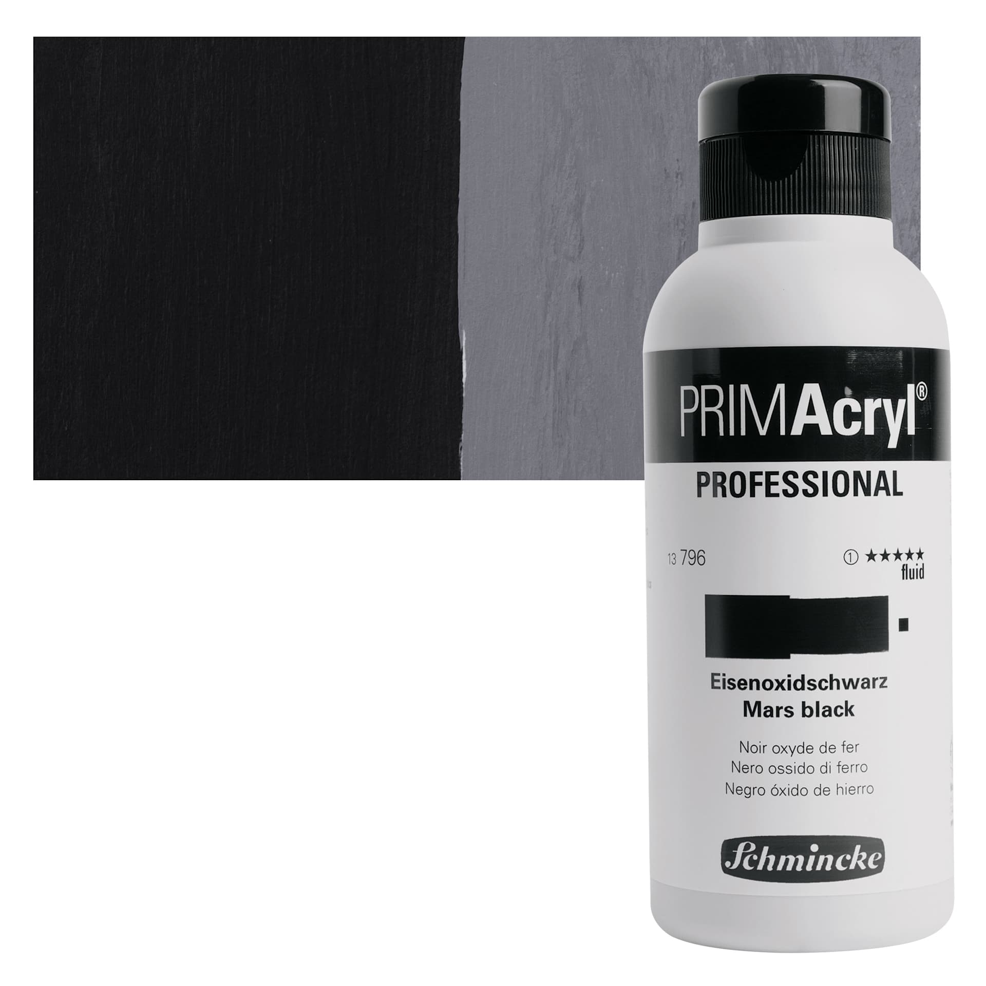 Schmincke Primacryl Professional Fluid Acrylic - Mars Black, 250 ml bottle and swatch
