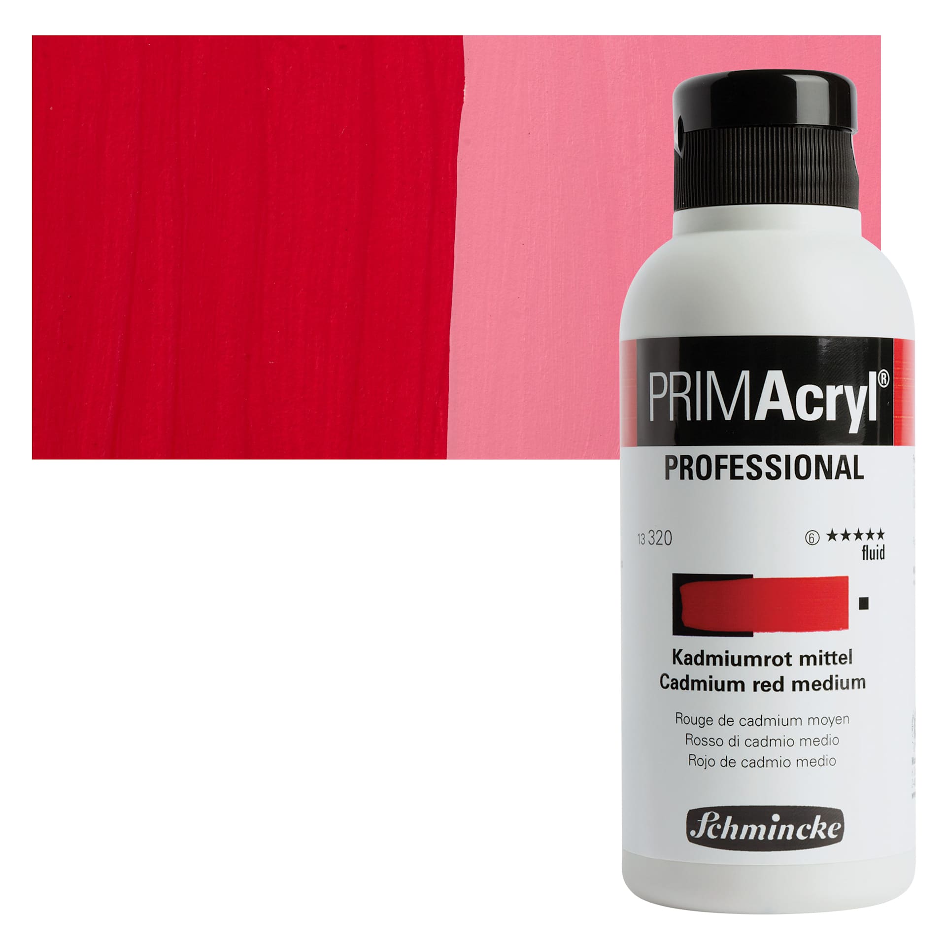 Schmincke Primacryl Professional Fluid Acrylic - Cadmium Red Medium, 250 ml bottle and swatch