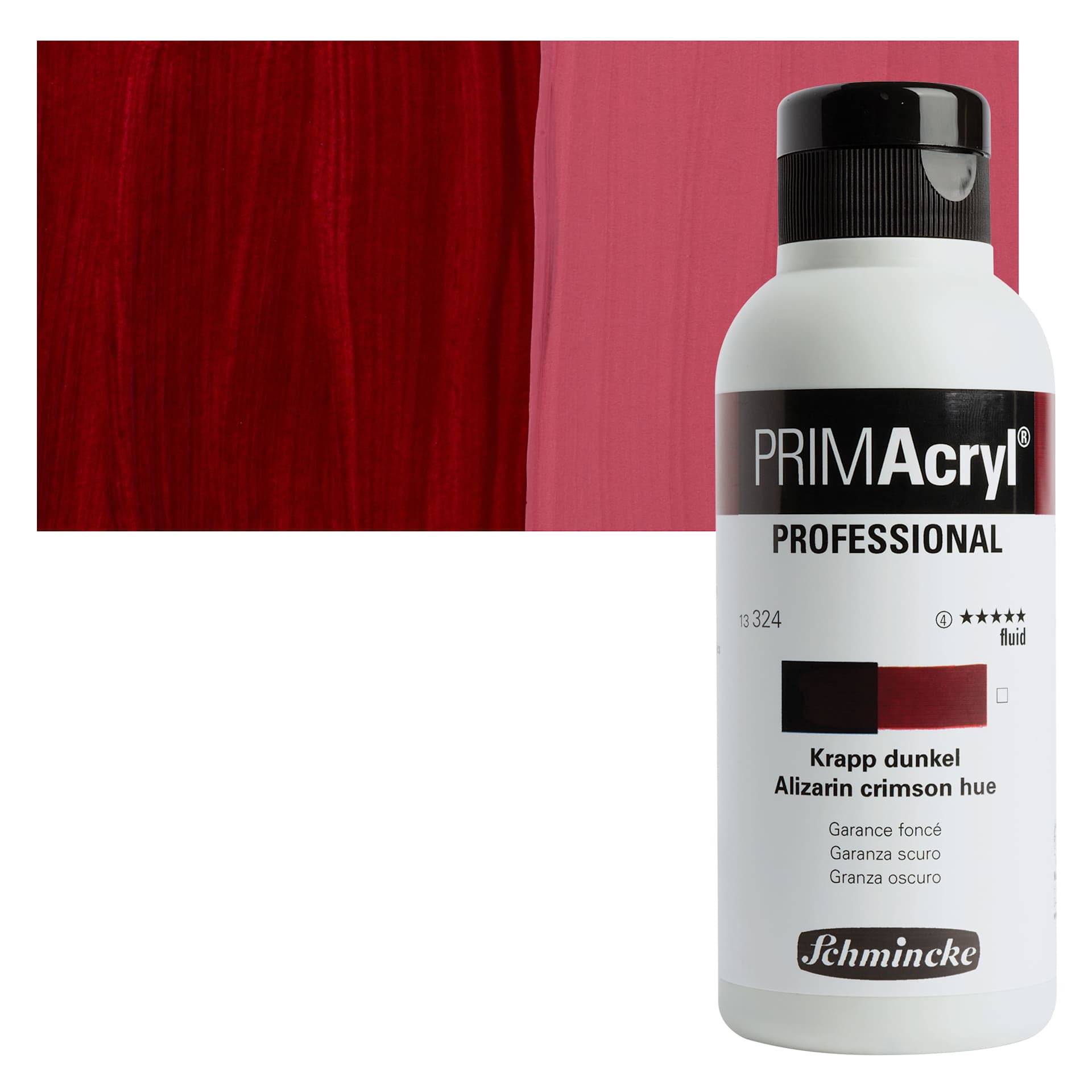 Schmincke Primacryl Professional Fluid Acrylic - Alizarin Crimson Hue, 250 ml bottle and swatch