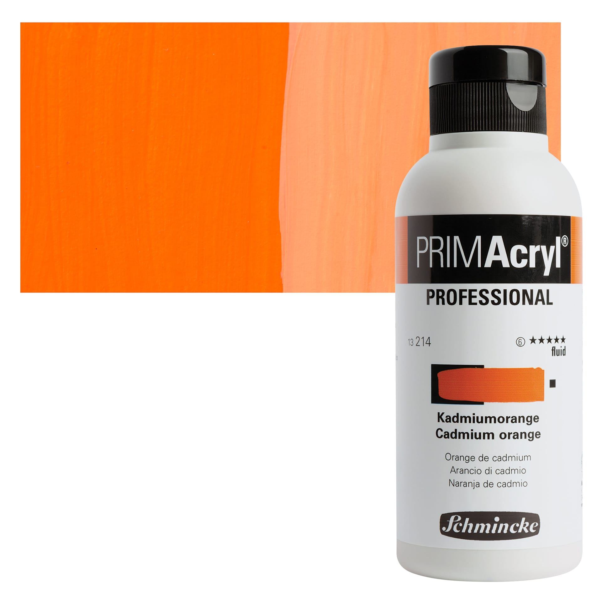 Schmincke Primacryl Professional Fluid Acrylic - Cadmium Orange, 250 ml bottle and swatch