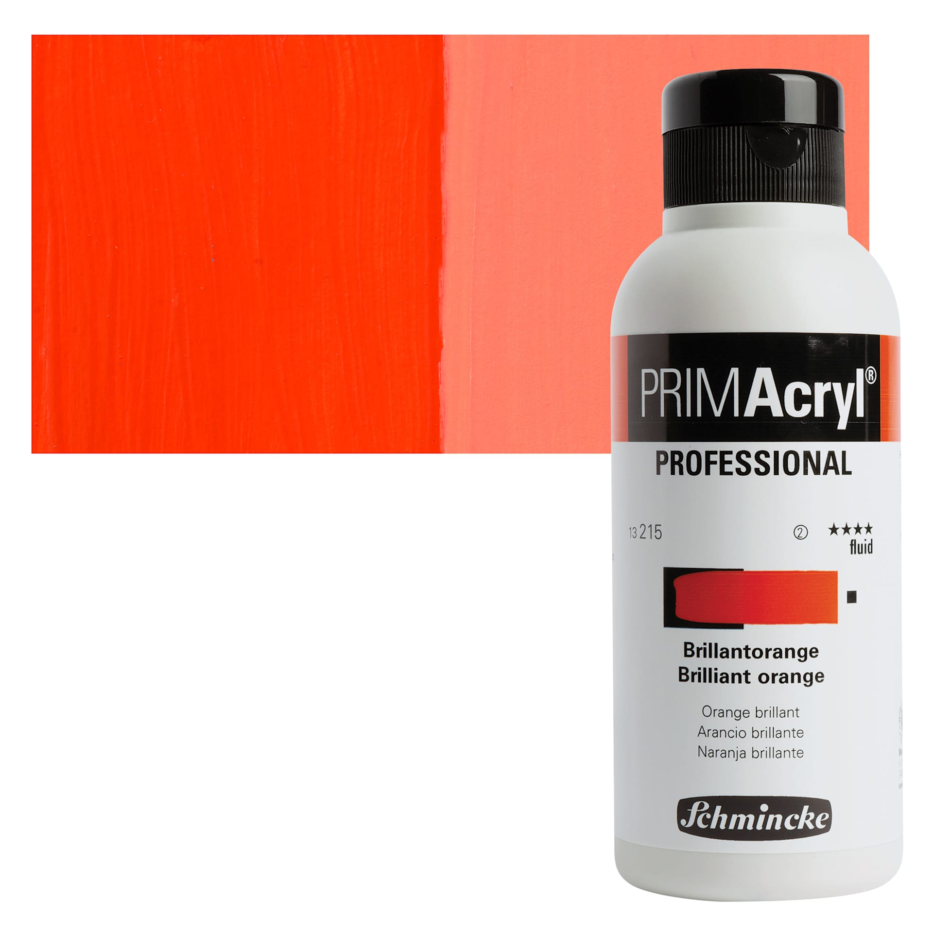 Schmincke Primacryl Professional Fluid Acrylic - Brilliant Orange, 250 ml bottle and swatch