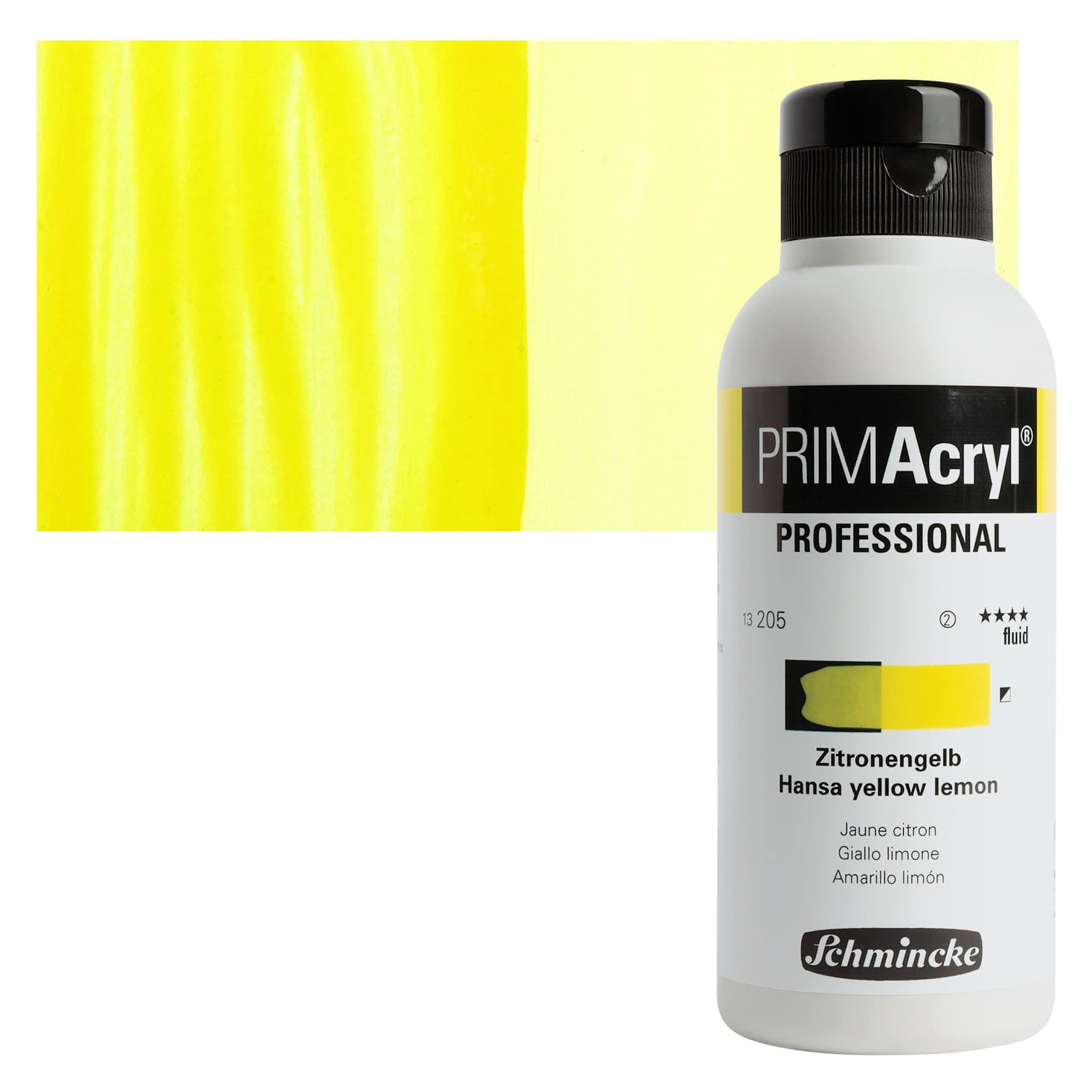 Schmincke Primacryl Professional Fluid Acrylic - Hansa Yellow Lemon, 250 ml bottle and swatch