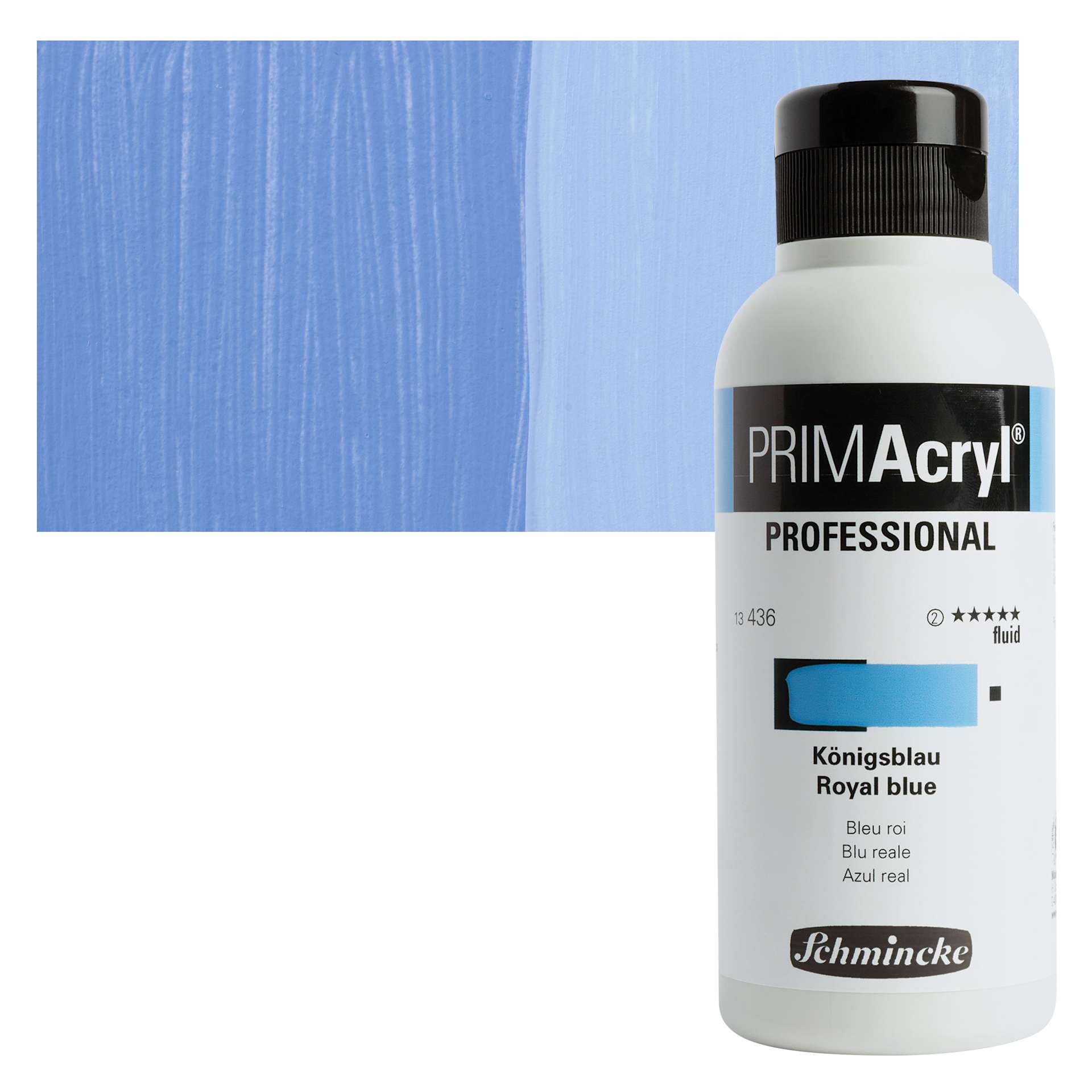 Schmincke Primacryl Professional Fluid Acrylic - Royal Blue, 250 ml bottle and swatch