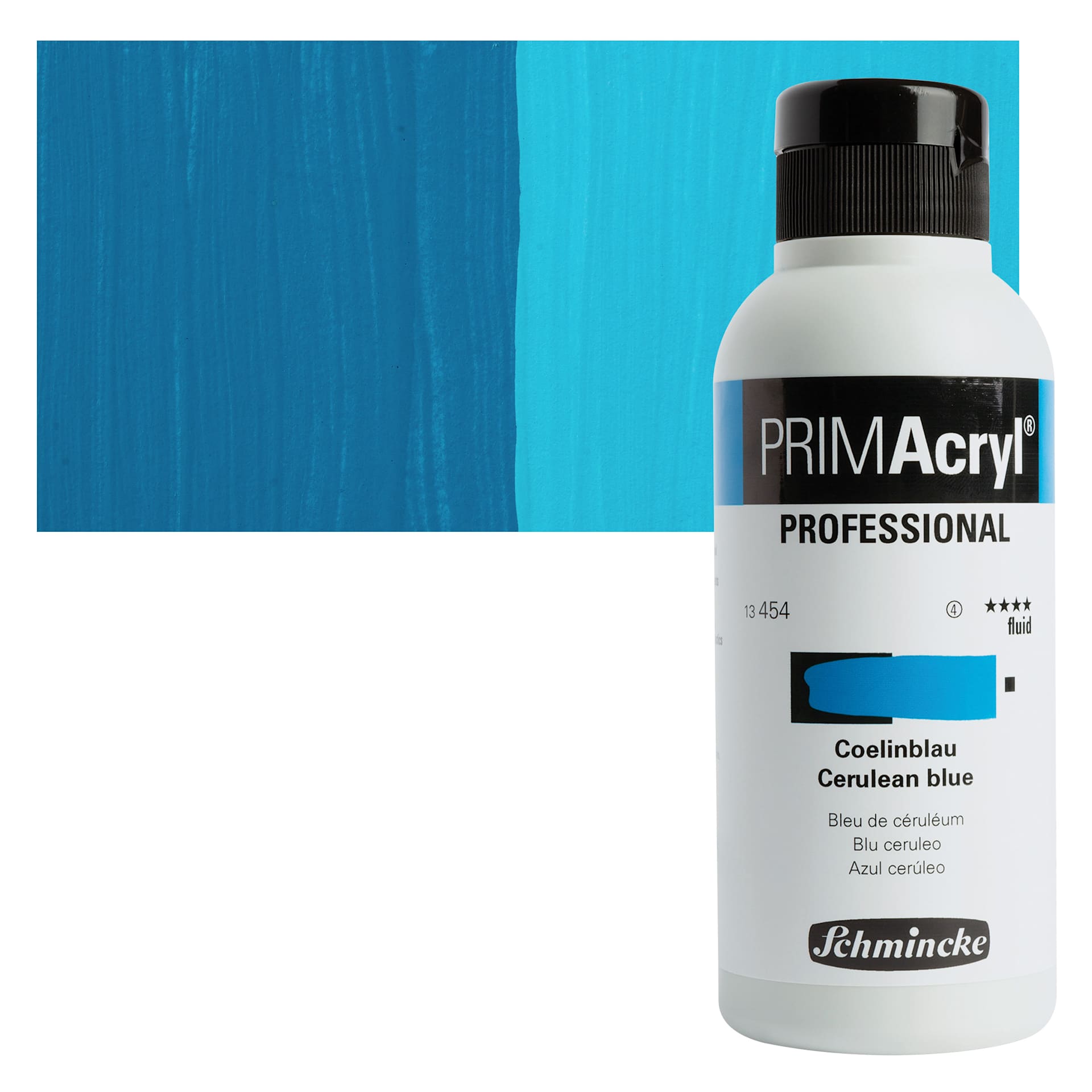 Schmincke Primacryl Professional Fluid Acrylic - Cerulean Blue, 250 ml bottle and swatch