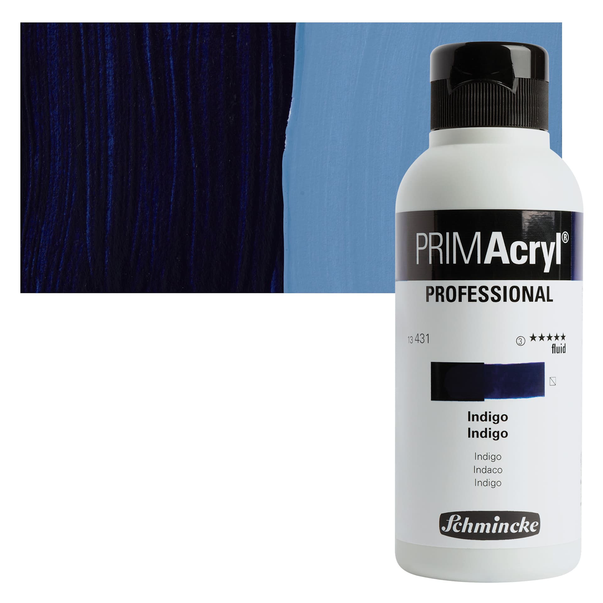 Schmincke Primacryl Professional Fluid Acrylic - Indigo, 250 ml bottle and swatch