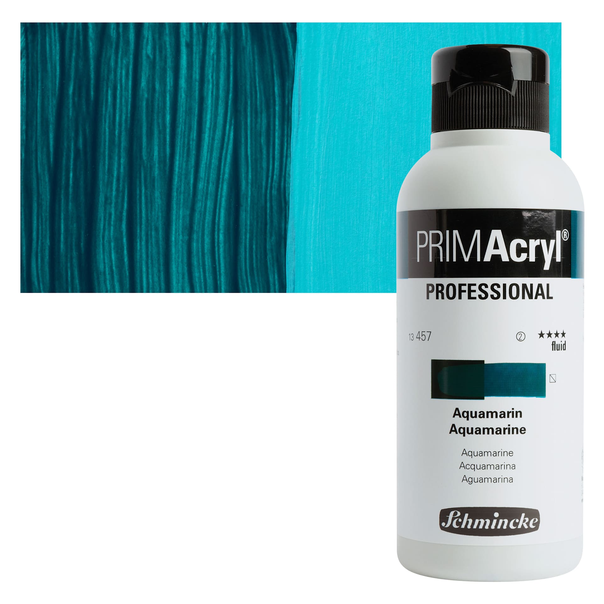 Schmincke Primacryl Professional Fluid Acrylic - Aquamarine, 250 ml bottle and swatch