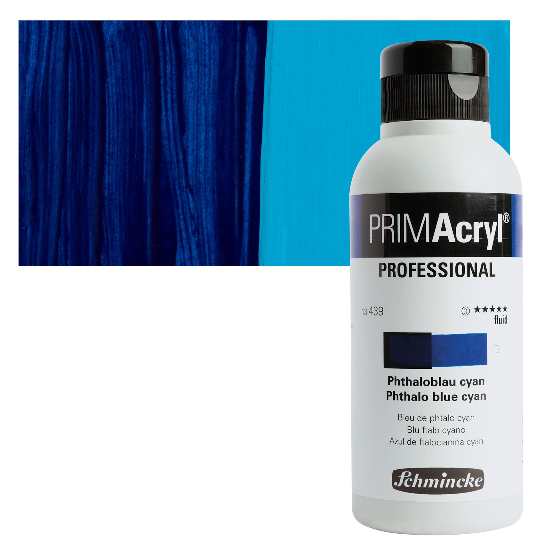 Schmincke Primacryl Professional Fluid Acrylic - Phthalo Blue Cyan, 250 ml bottle and swatch