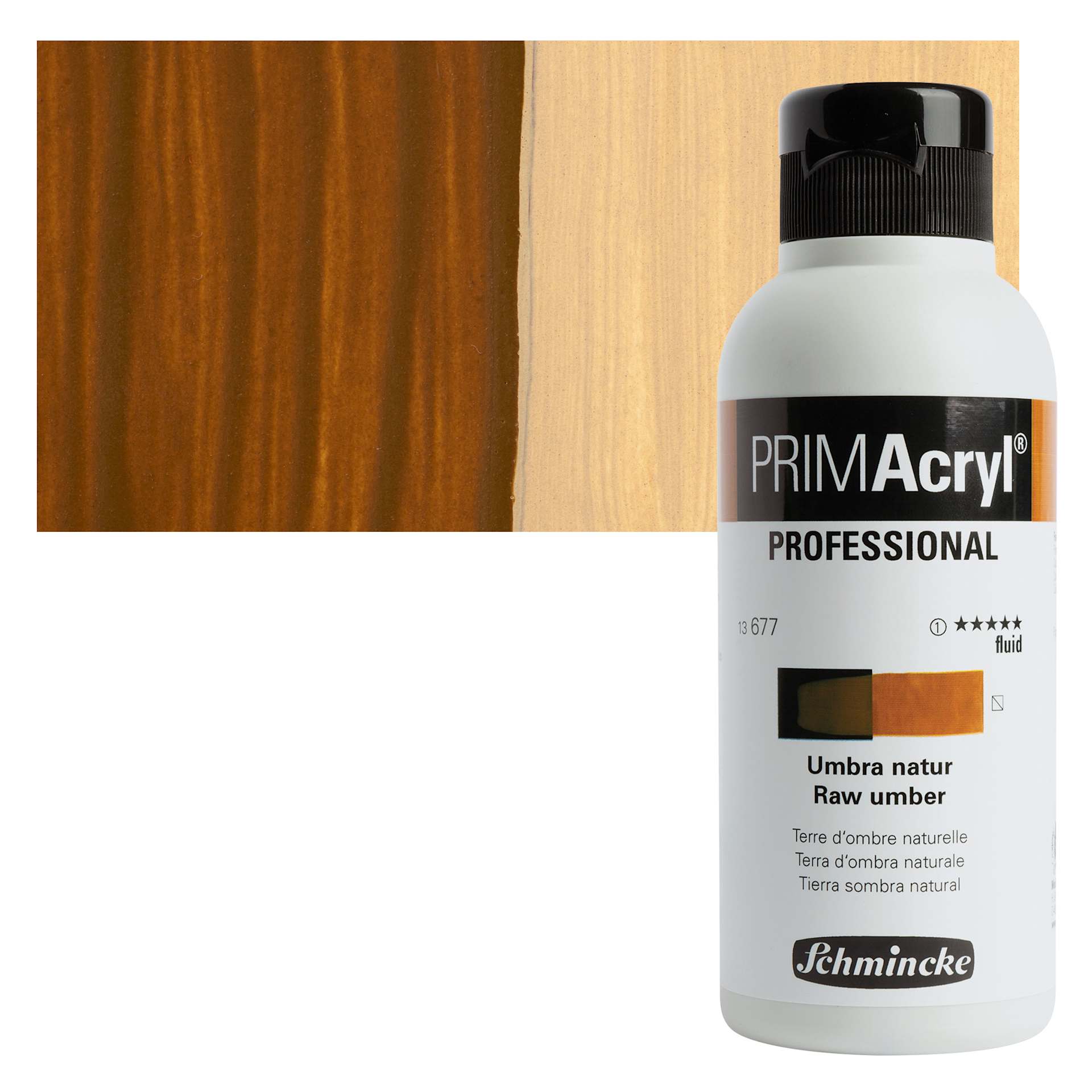 Schmincke Primacryl Professional Fluid Acrylic - Raw Umber, 250 ml bottle and swatch