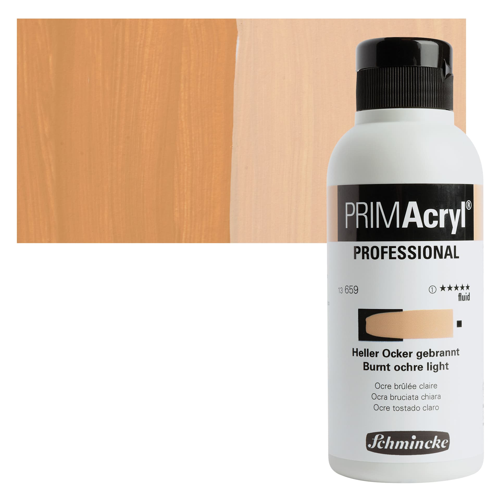 Schmincke Primacryl Professional Fluid Acrylic - Burnt Ochre Light, 250 ml bottle and swatch