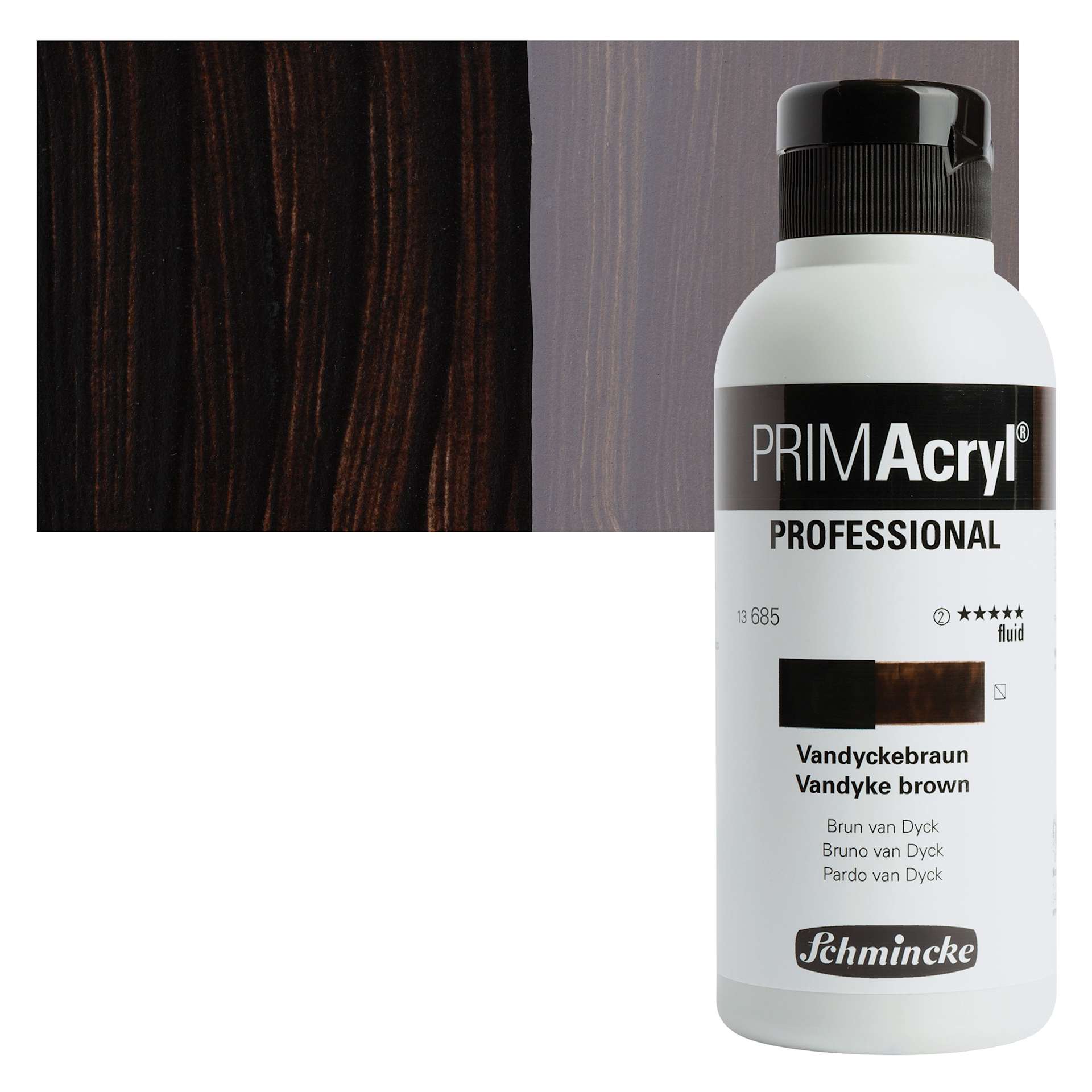 Schmincke Primacryl Professional Fluid Acrylic - Vandyke Brown, 250 ml bottle and swatch