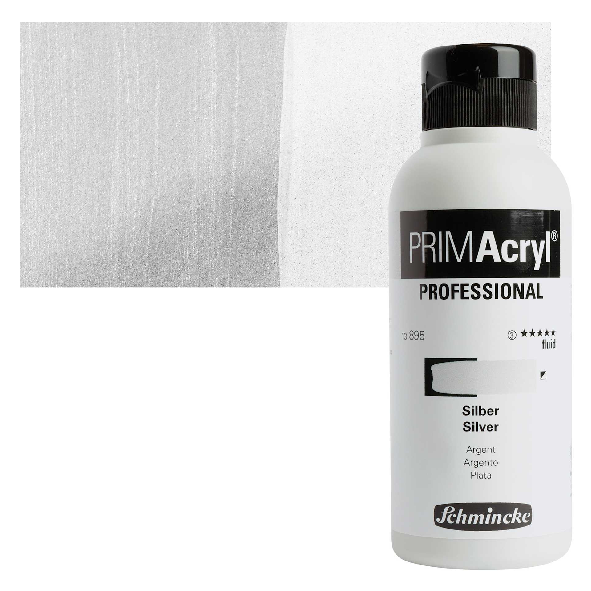 Schmincke Primacryl Professional Fluid Acrylic - Silver, 250 ml bottle and swatch