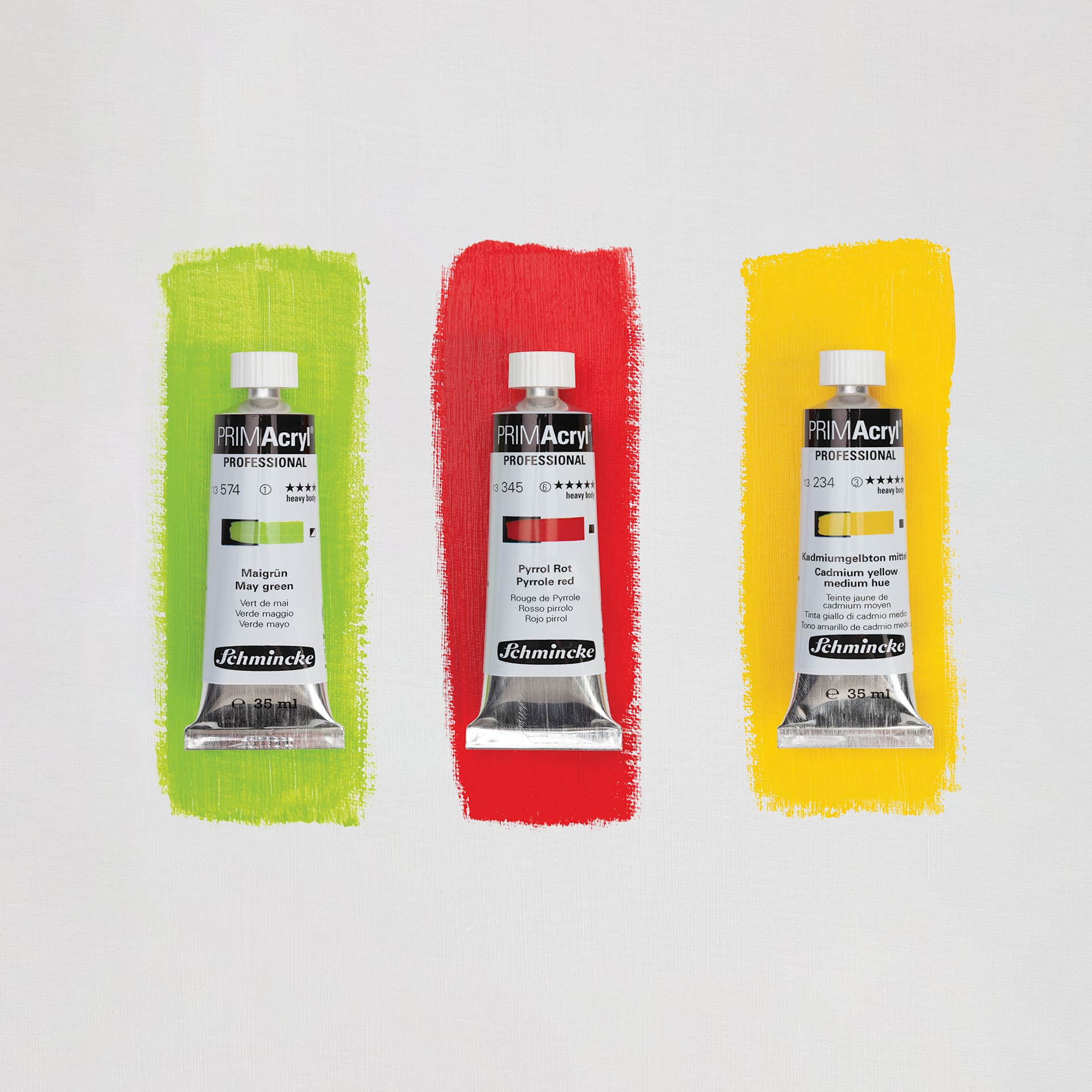 Schmincke Primacryl Professional Acrylics - Set of 3, Intro Colors, 35 ml tubes with swatches