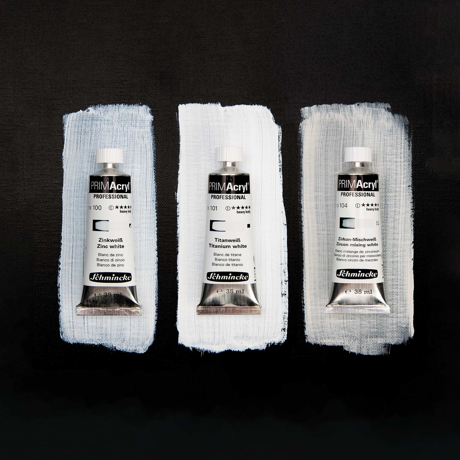Schmincke Primacryl Professional Acrylics - Set of 3, Whites, 35 ml tubes and swatches