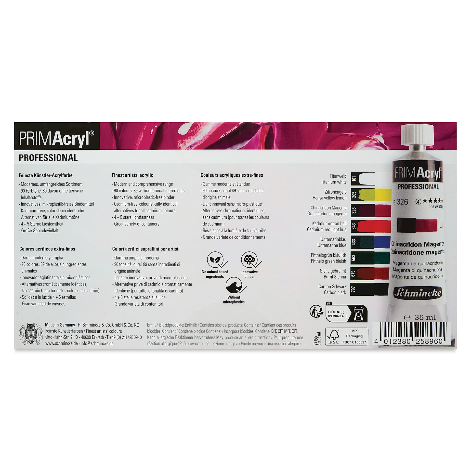 Back of package for Schmincke Primacryl Professional Acrylic Paint - Set of 8, Assorted, 35 ml Tubes