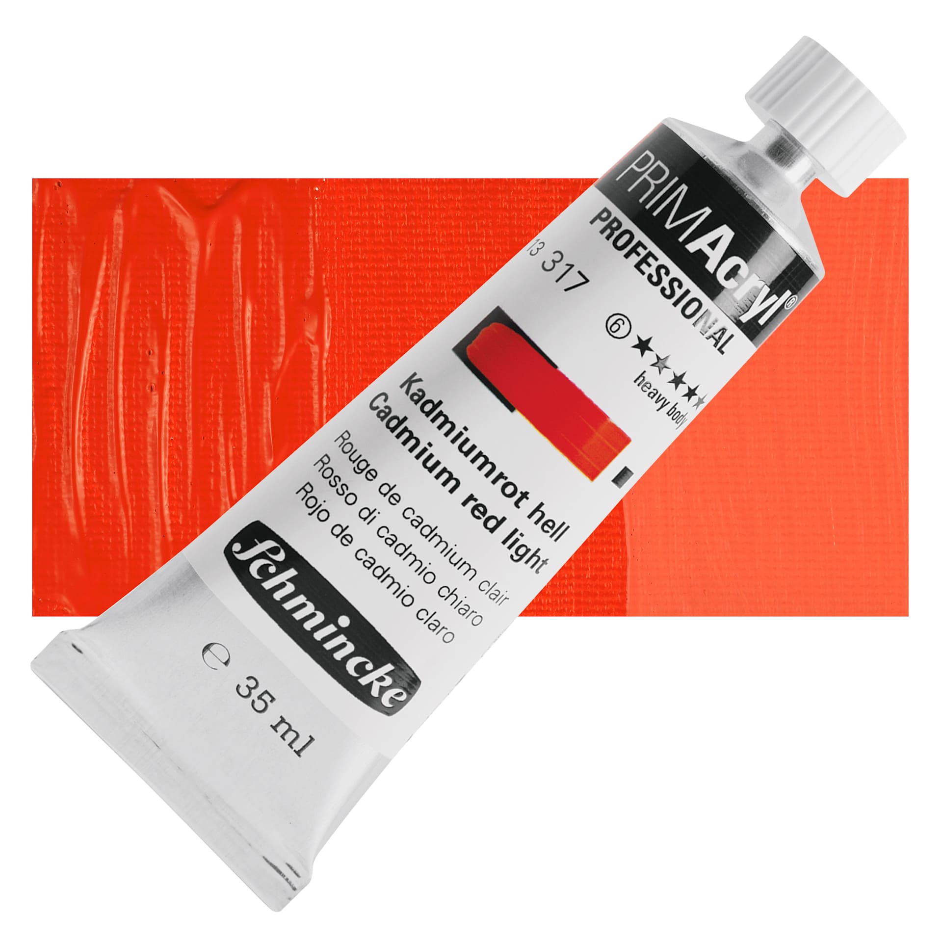 Schmincke Primacryl Professional Acrylic Paint - Cadmium Red Light, 35 ml Tube and swatch
