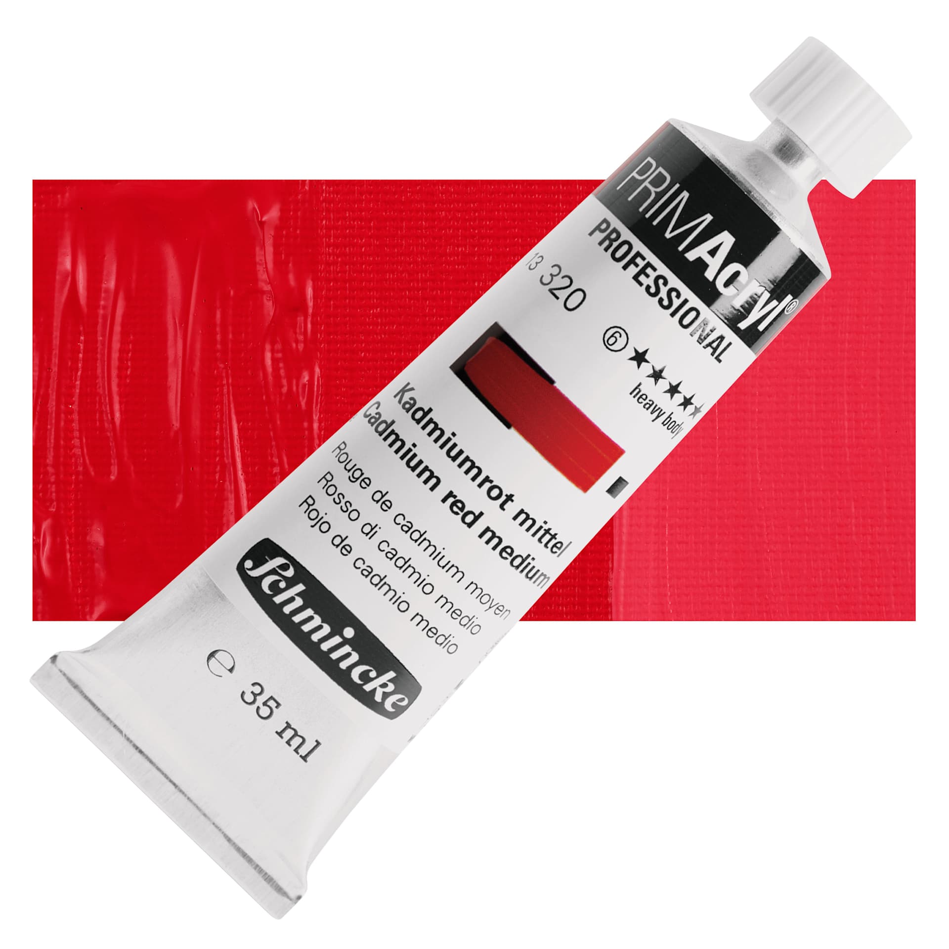 Schmincke Primacryl Professional Acrylic Paint - Cadmium Red Medium, 35 ml Tube and swatch