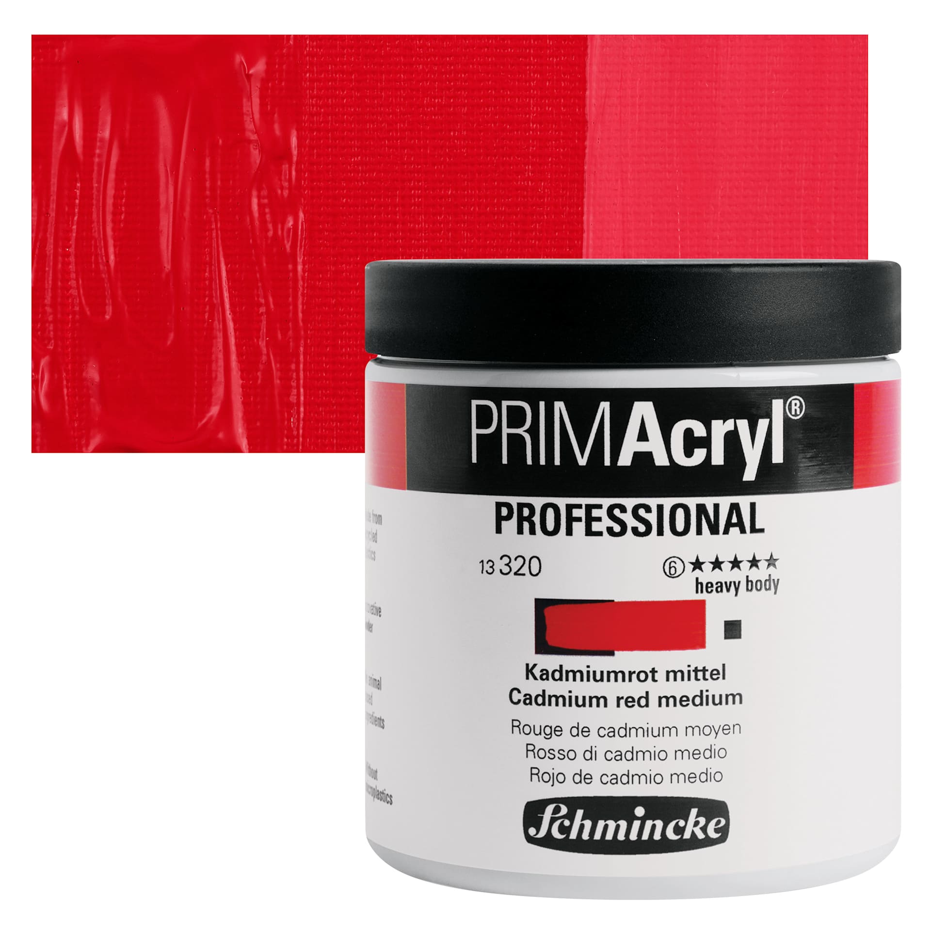 Schmincke Primacryl Professional Acrylic Paint - Cadmium Red Medium, 237 ml Jar and swatch