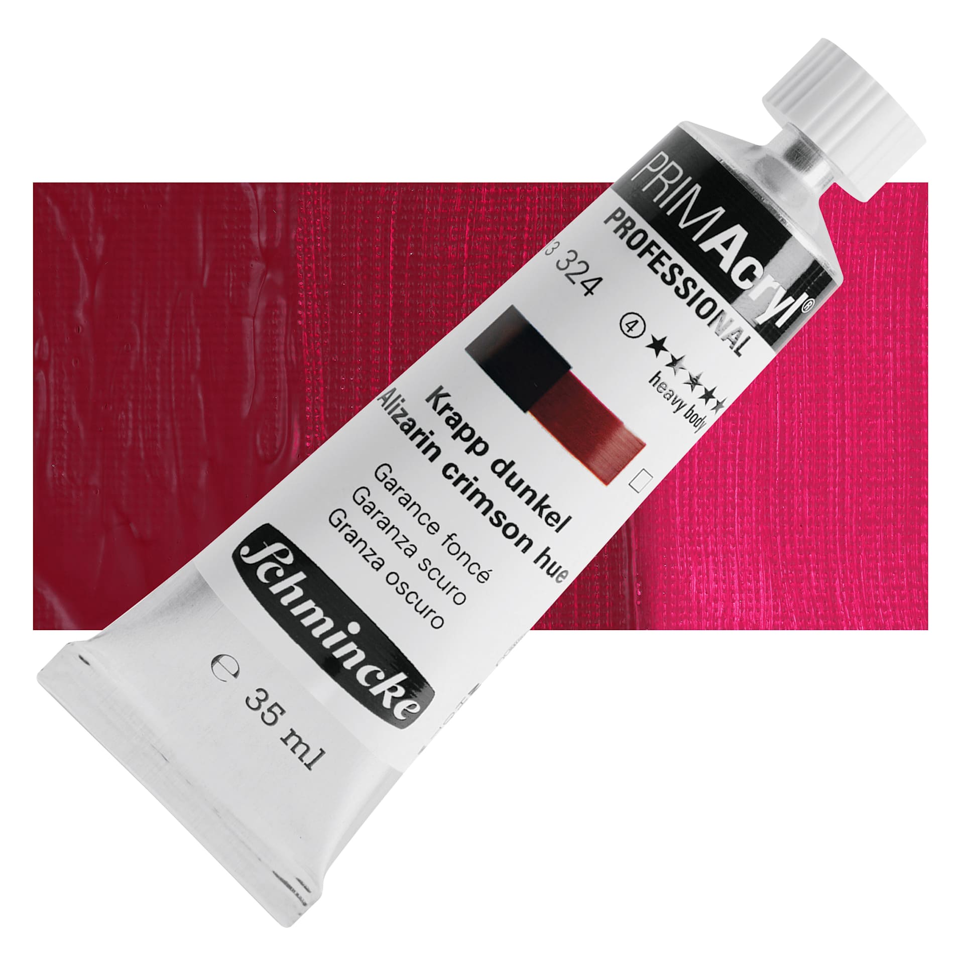 Schmincke Primacryl Professional Acrylic Paint - Alizarin Crimson Hue, 35 ml Tube and swatch