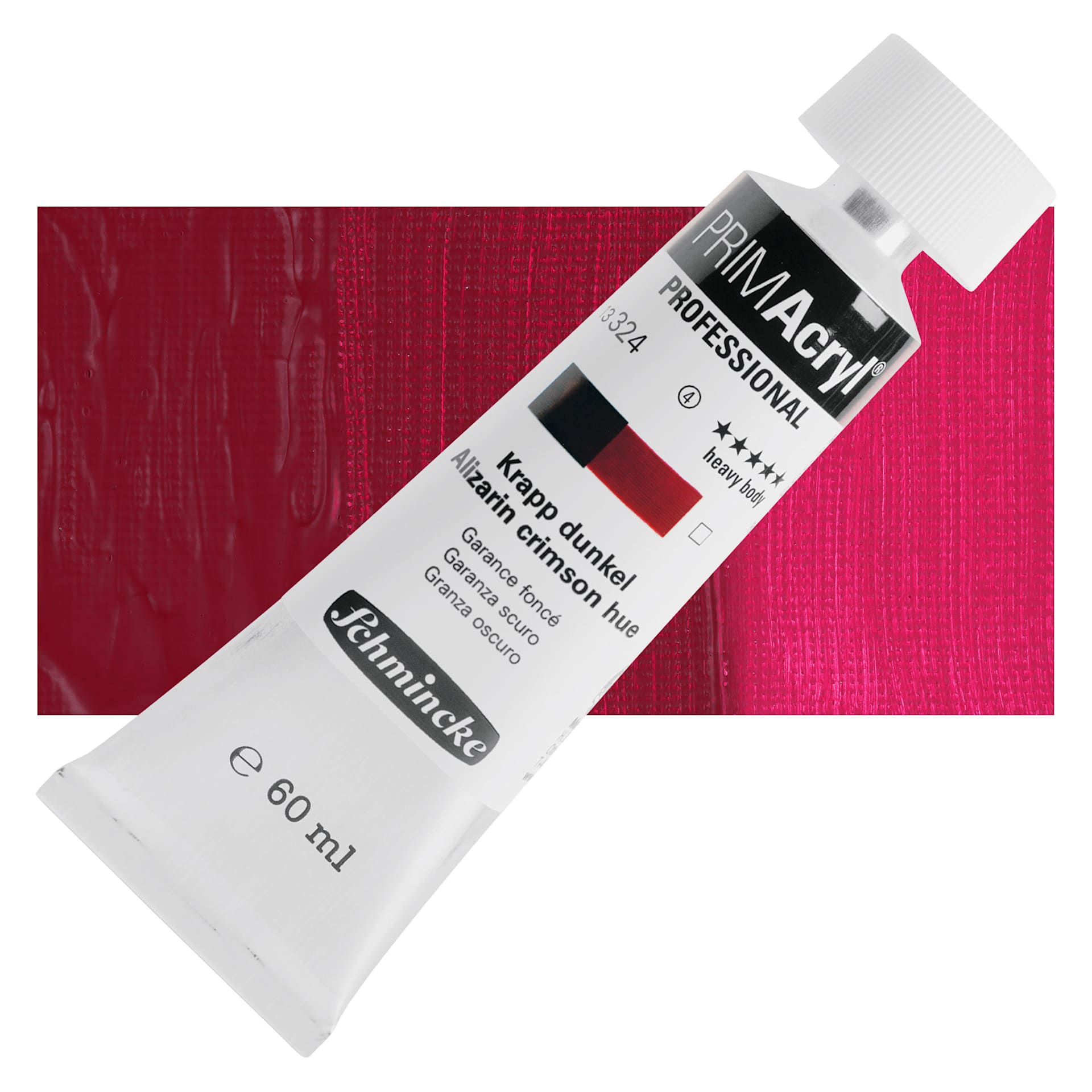 Schmincke Primacryl Professional Acrylic Paint - Alizarin Crimson Hue, 60 ml Tube and swatch