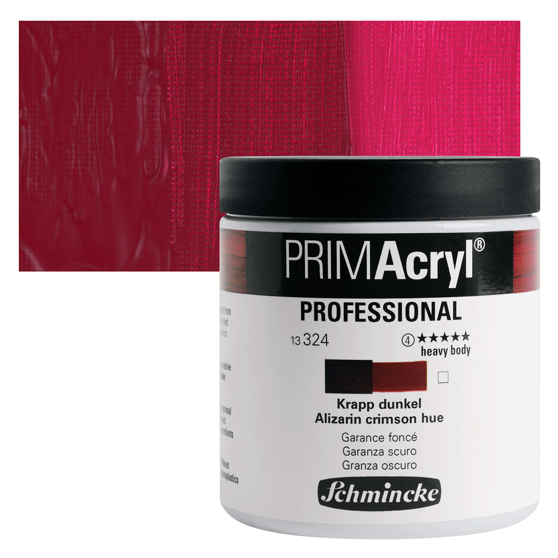 Schmincke Primacryl Professional Acrylic Paint - Alizarin Crimson Hue, 237 ml Jar and swatch