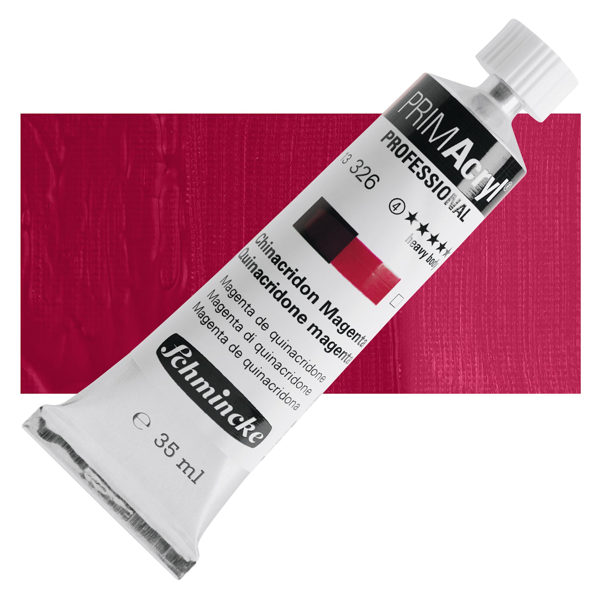 Schmincke Primacryl Professional Acrylic Paint - Quinacridone Magenta, 35 ml Tube and swatch