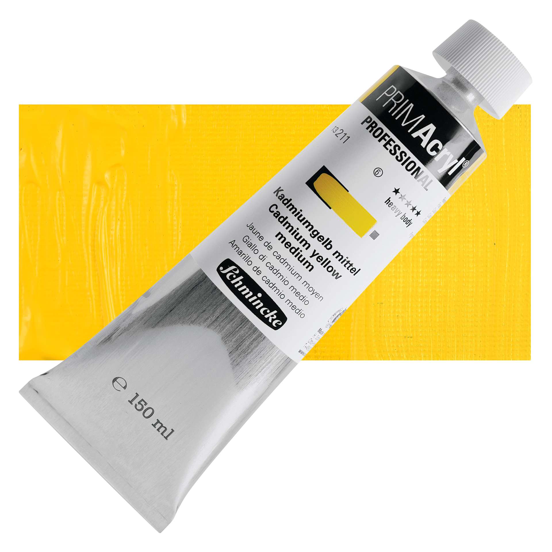 Schmincke Primacryl Professional Acrylic Paint - Cadmium Yellow Medium, 150 ml Tube and swatch