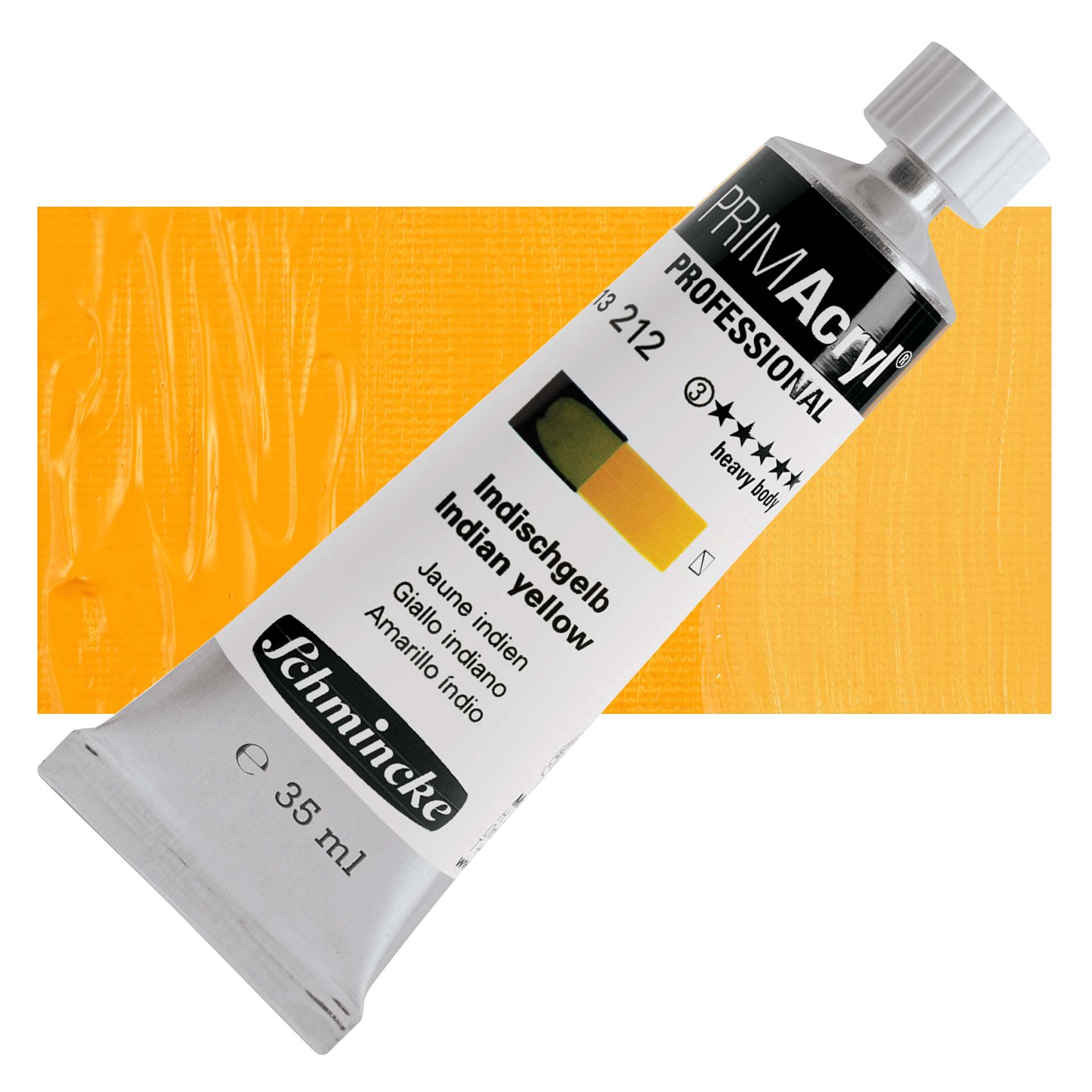Schmincke Primacryl Professional Acrylic Paint - Indian Yellow, 35 ml Tube and swatch