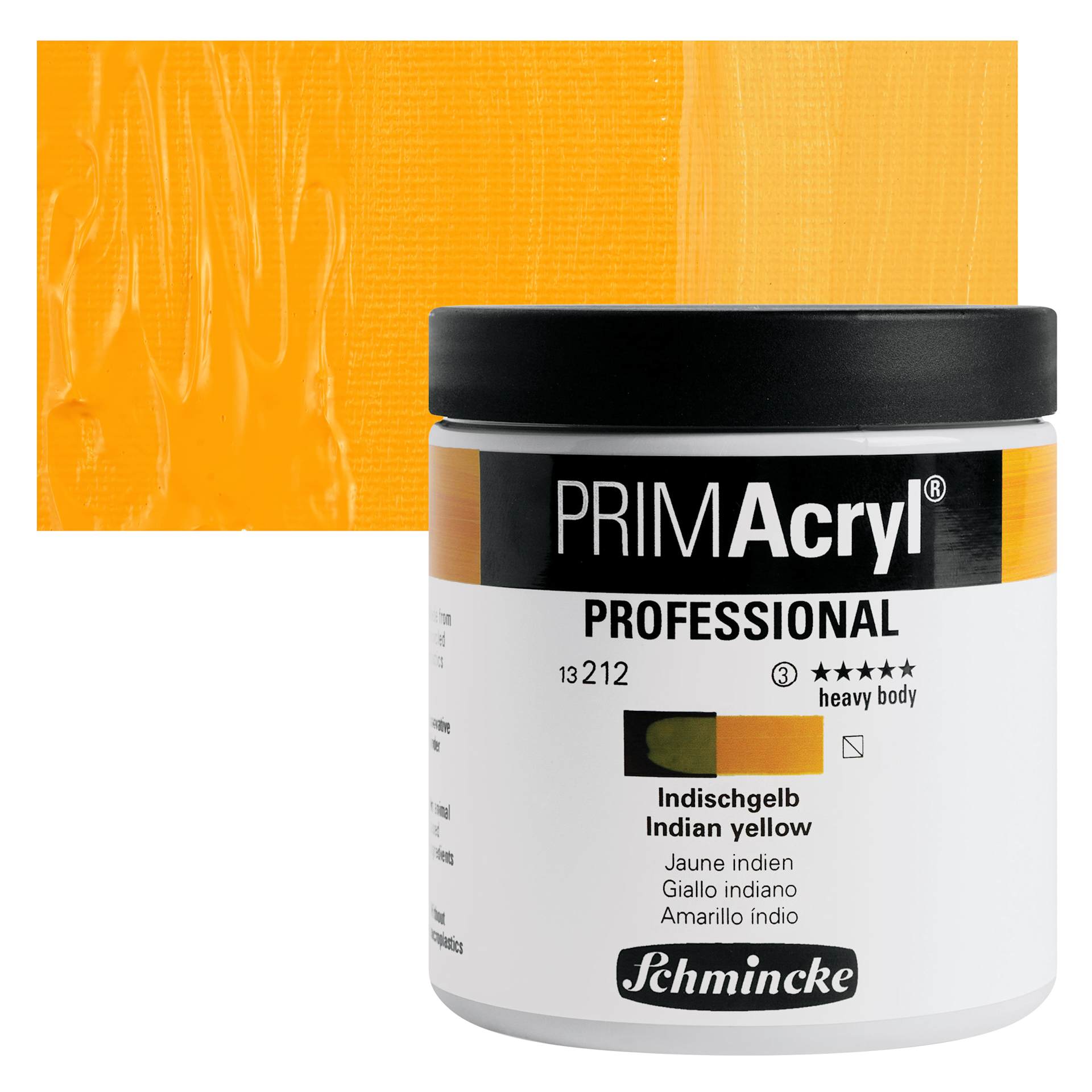 Schmincke Primacryl Professional Acrylic Paint - Indian Yellow, 237 ml Jar and swatch