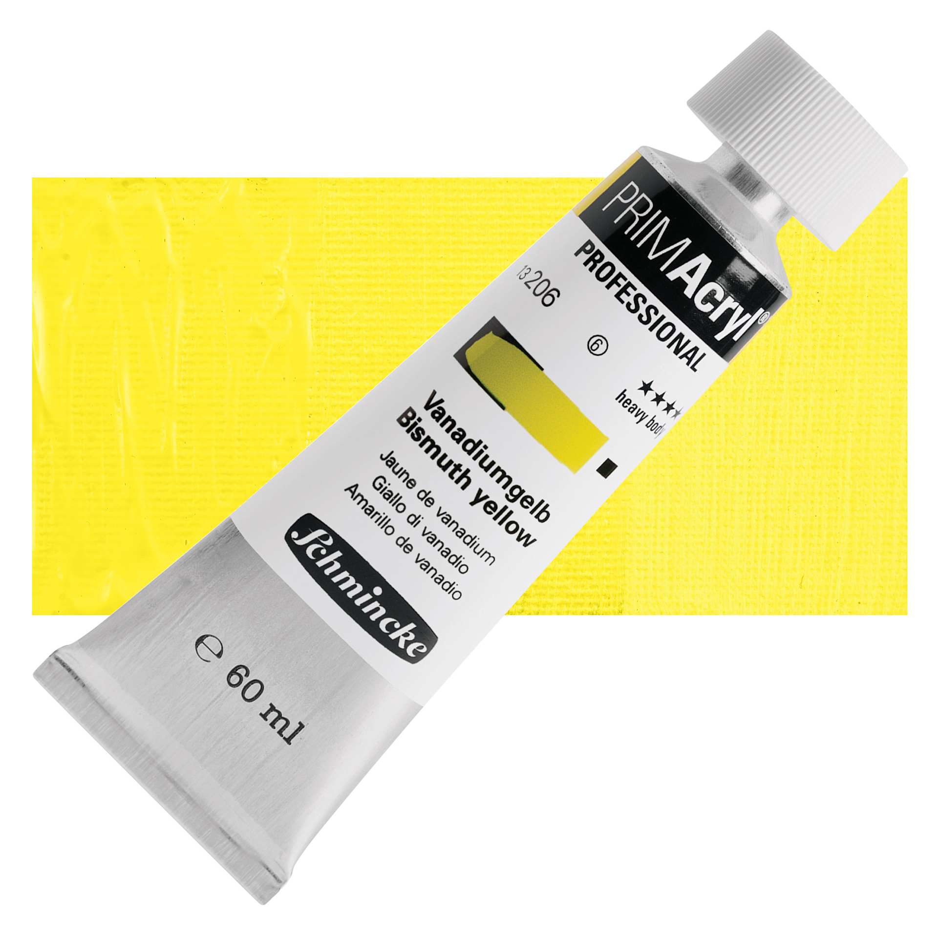 Schmincke Primacryl Professional Acrylic Paint - Bismuth Yellow, 60 ml Tube and swatch