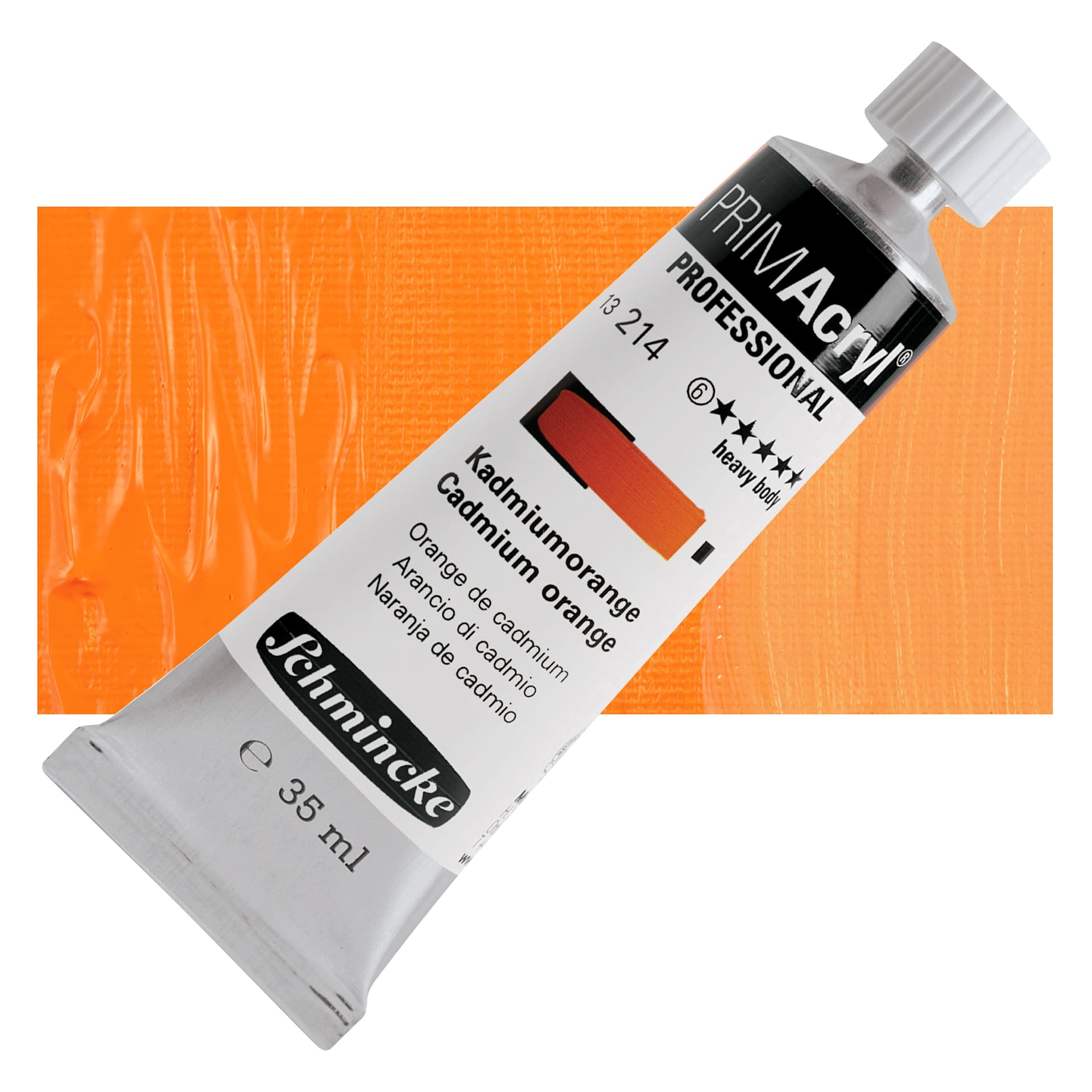 Schmincke Primacryl Professional Acrylic Paint - Cadmium Orange, 35 ml Tube and swatch