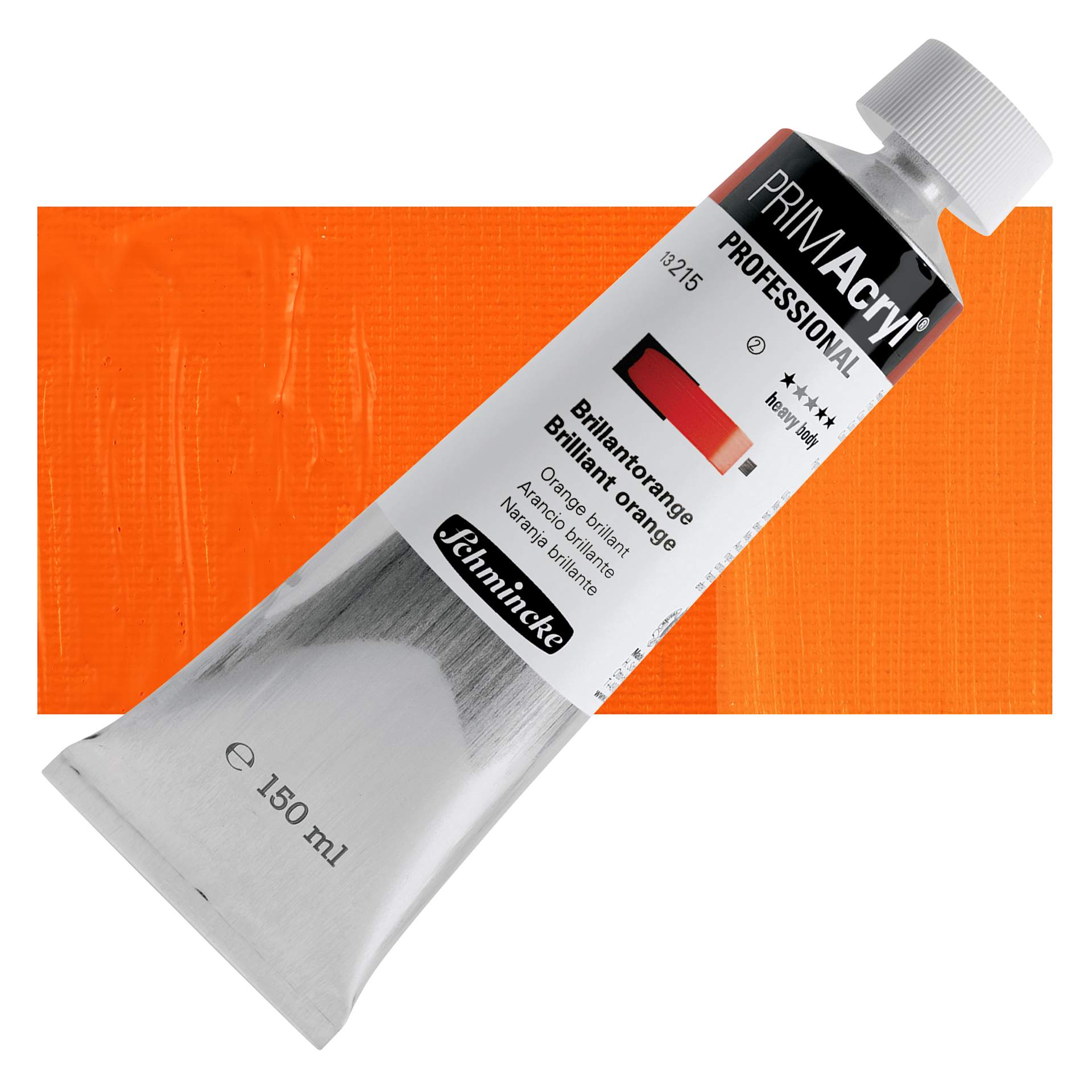 Schmincke Primacryl Professional Acrylic Paint - Brilliant Orange, 150 ml Tube and swatch