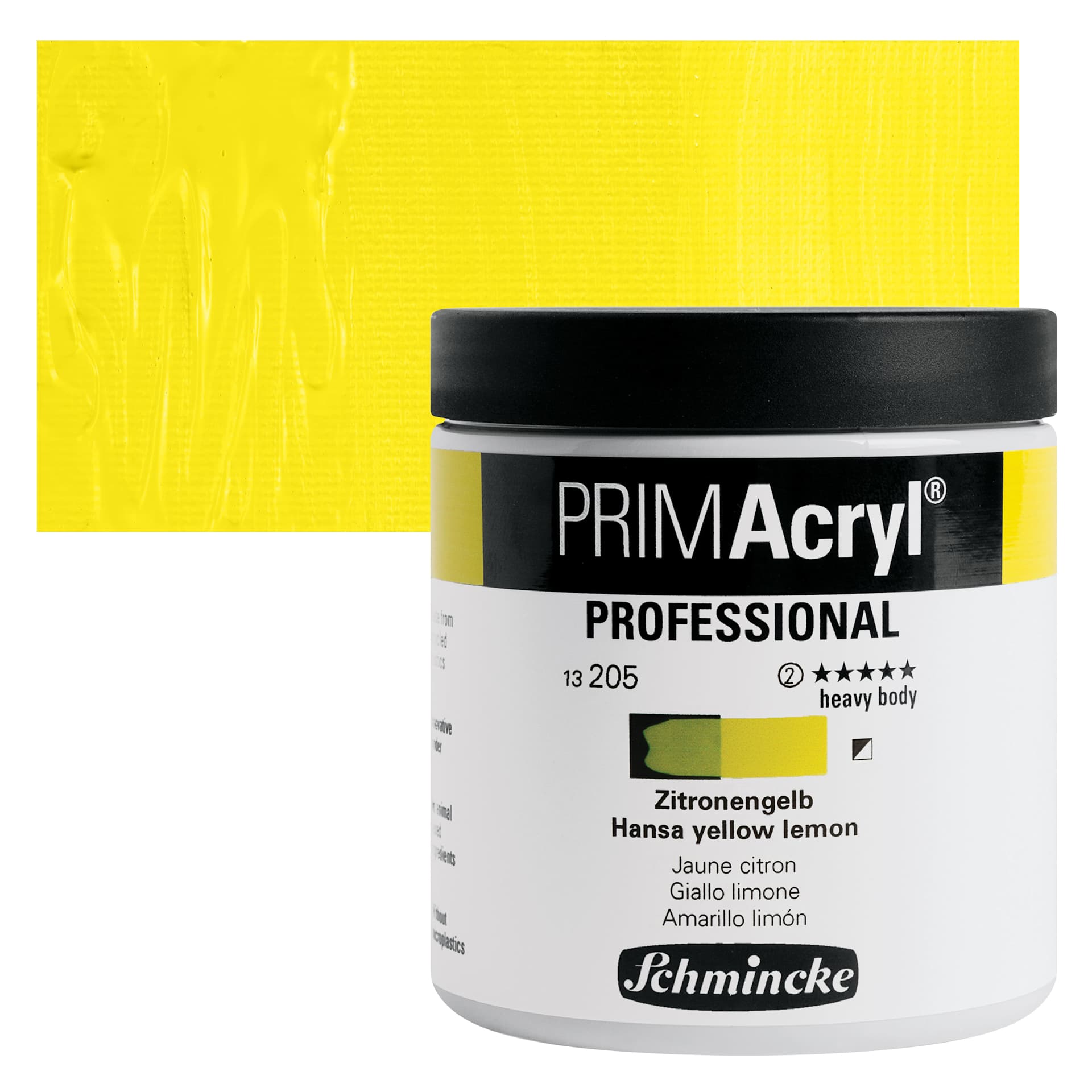 Schmincke Primacryl Professional Acrylic Paint - Hansa Yellow Lemon, 237 ml Jar and swatch